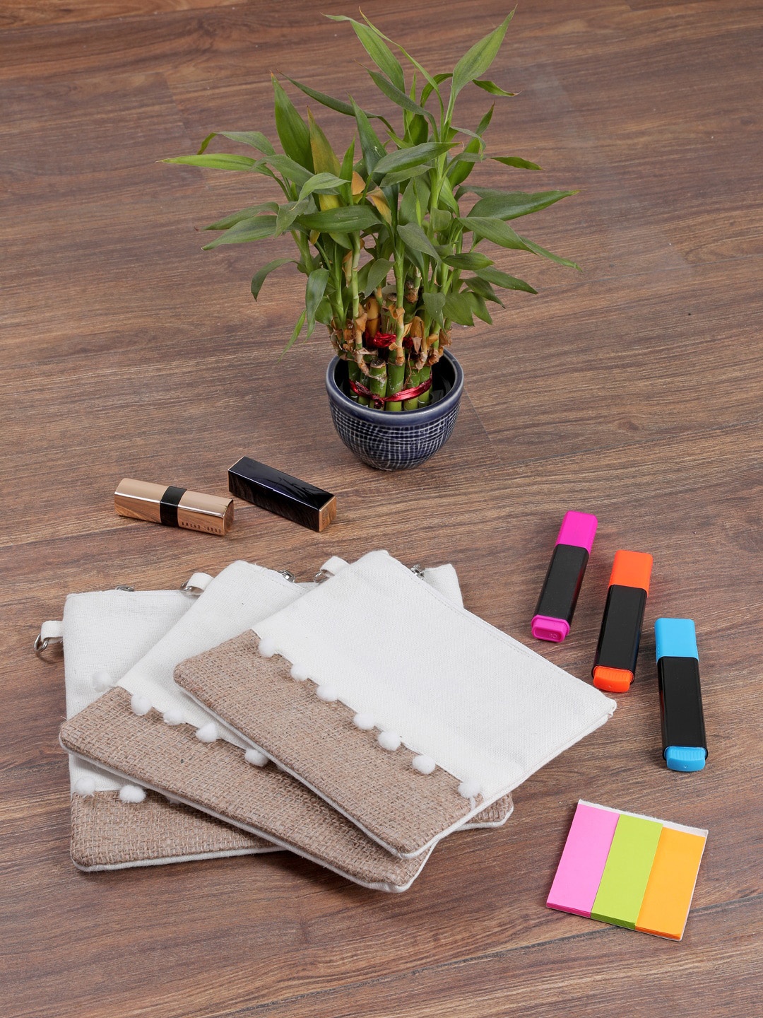 

My Gift Booth Set Of 3 Off-White & Beige Colourblocked Canvas & Jute Pouch
