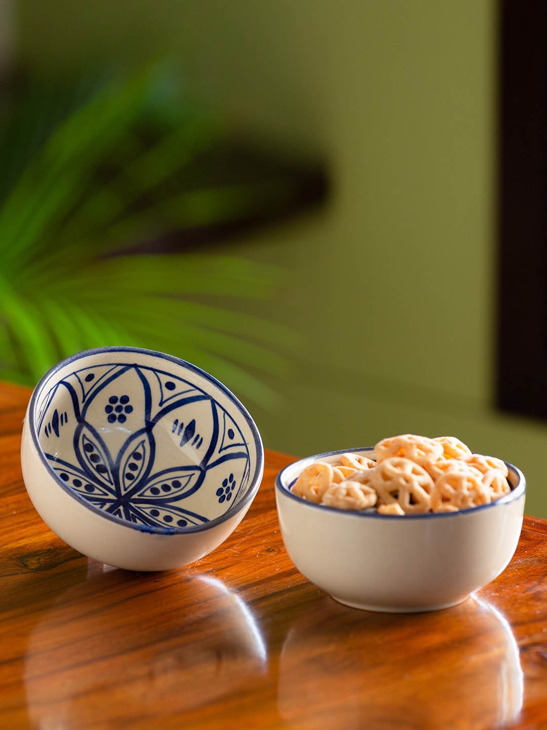 ExclusiveLane Set of 2 Moroccan Floral Hand-Painted Microwave Safe Ceramic Serving Bowls, White