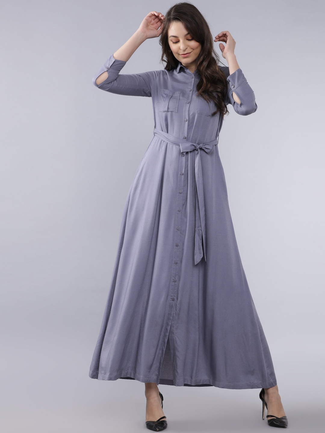 

Mumbai Slang Chic Women Grey Solid Maxi Dress with Tie Up Detail