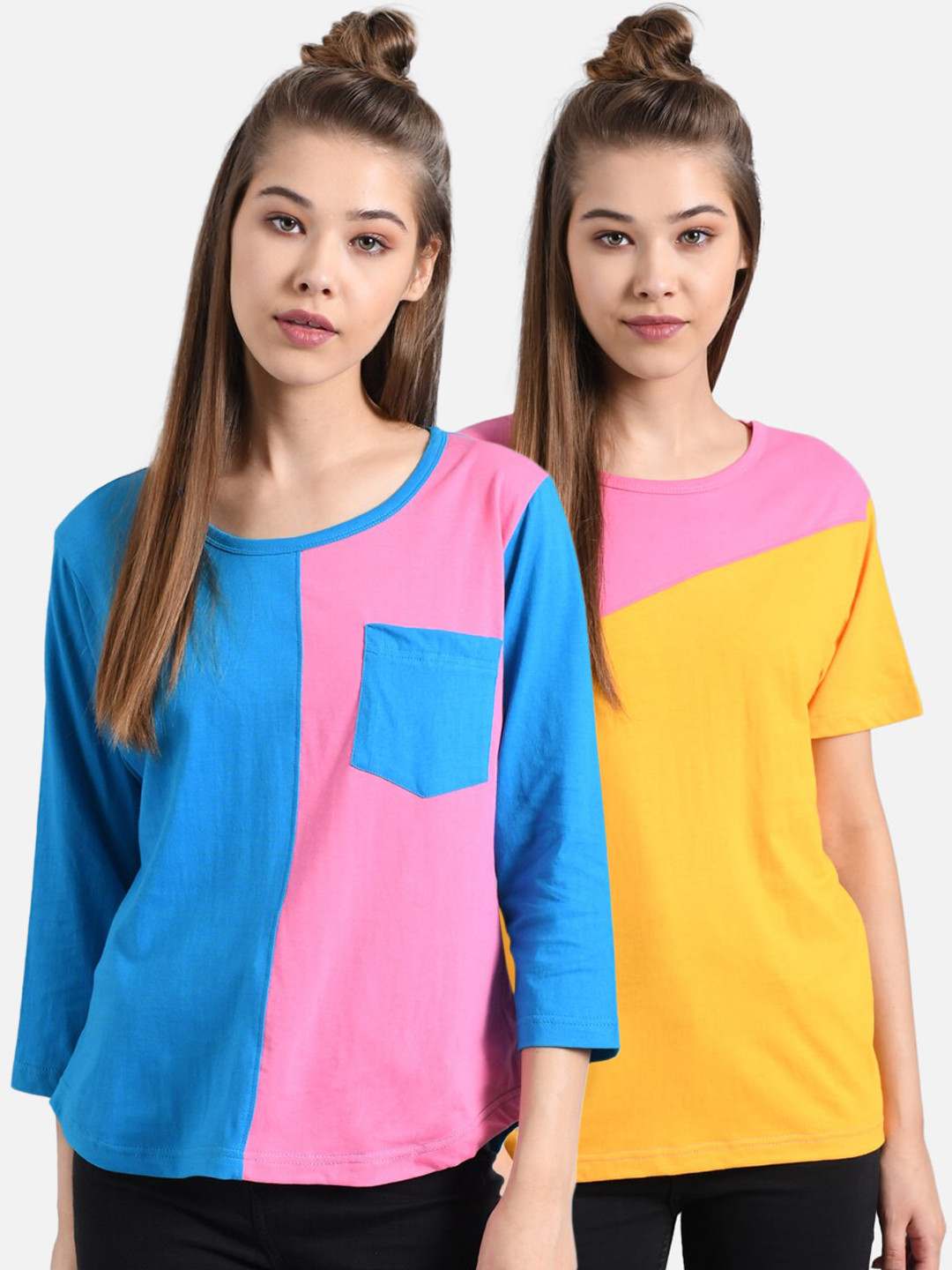 

Kotty Women Pack of 2 Colourblocked Round Neck T-shirts, Multi