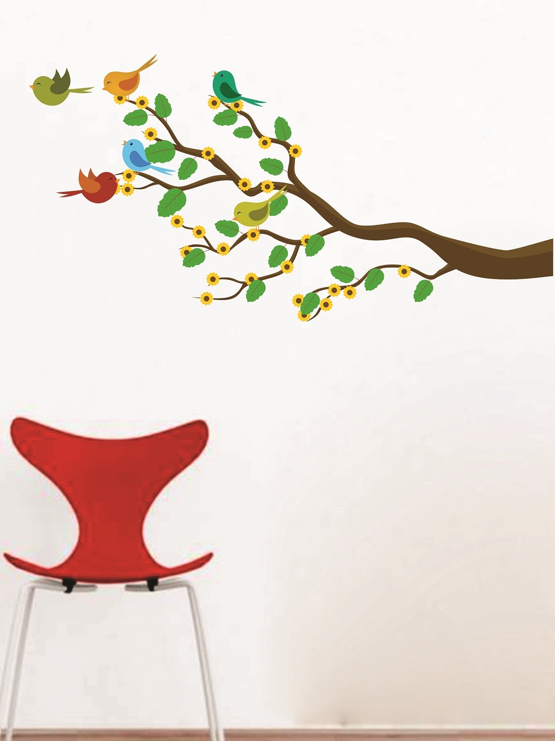 

WALLSTICK Brown & Green Birds On Tree Large Vinyl Wall Sticker