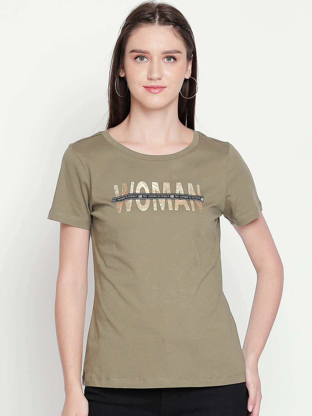 

Honey by Pantaloons Women Olive Green Printed Round Neck Pure Cotton T-shirt