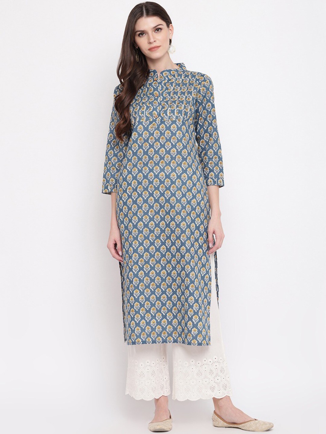 

Vbuyz Women Blue & Yellow Printed Straight Kurta