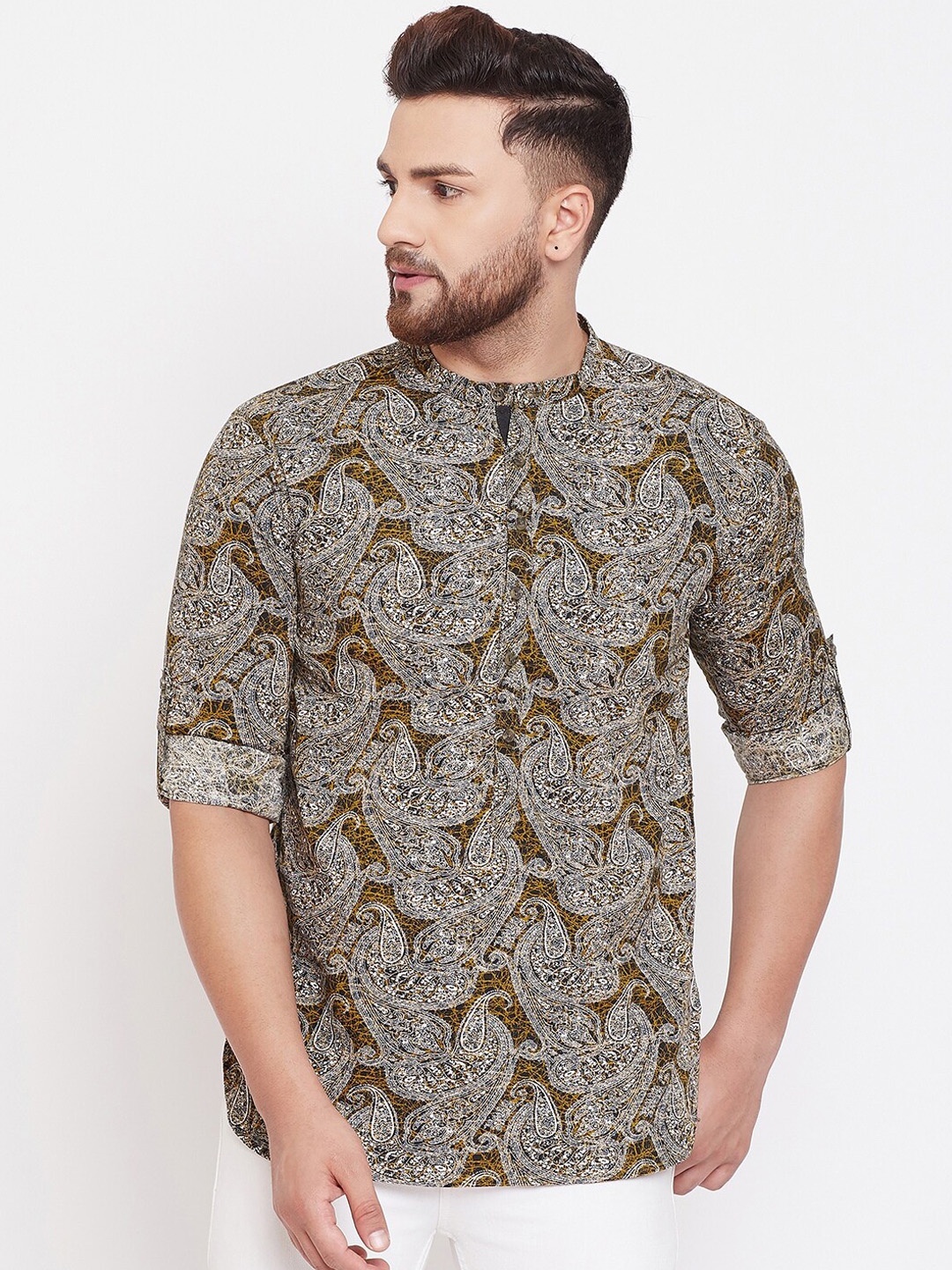 

even Men Olive Green & White Printed Straight Kurta