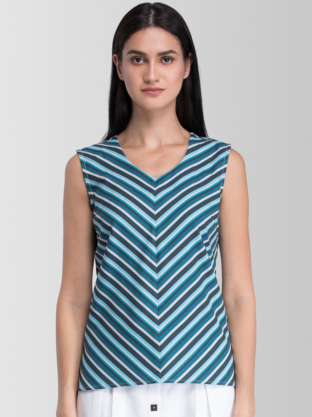 

FableStreet Women Teal Blue & White Striped Regular Top