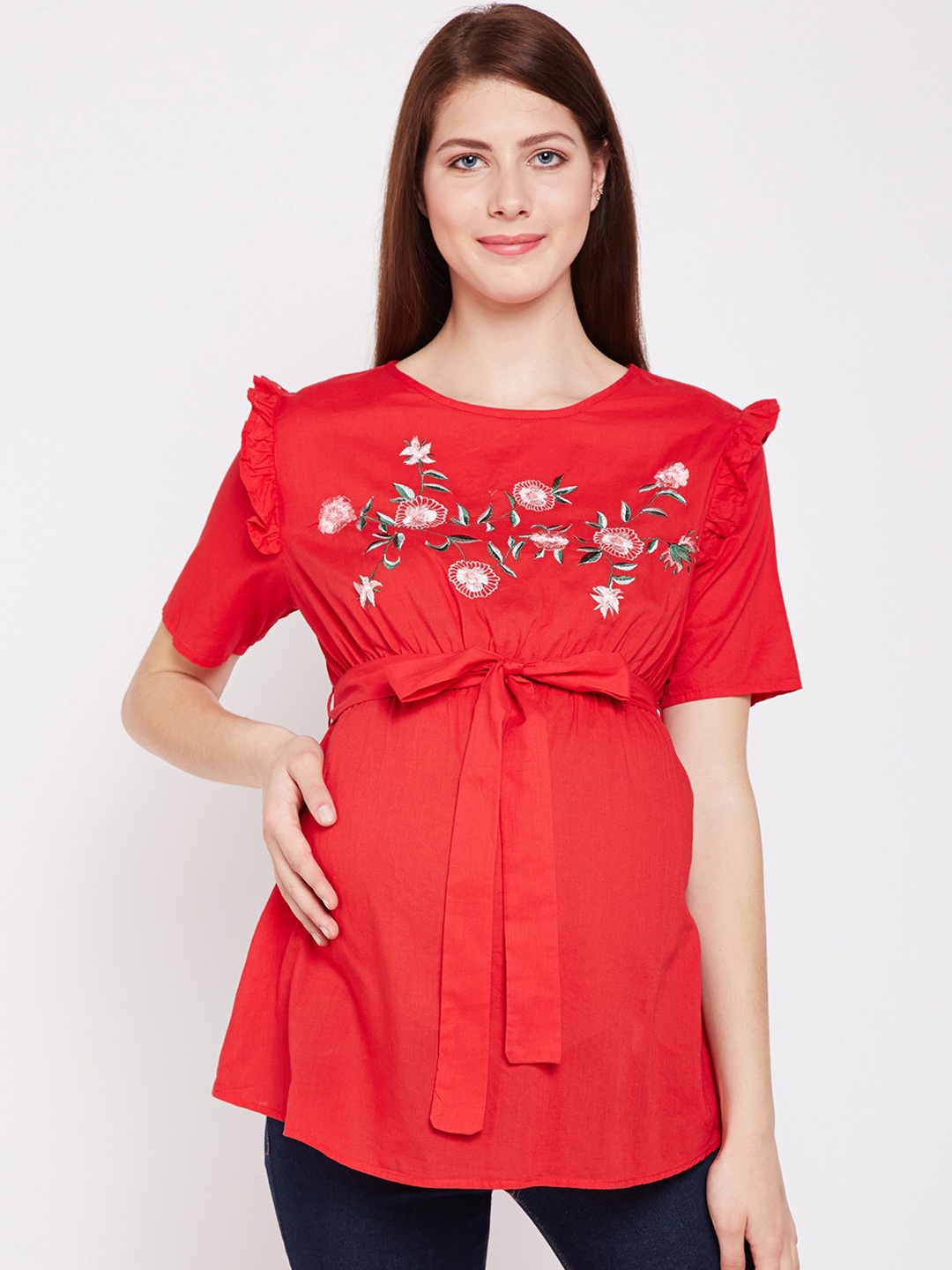 

Oxolloxo Women Red Embroidered Maternity Pure Cotton Top