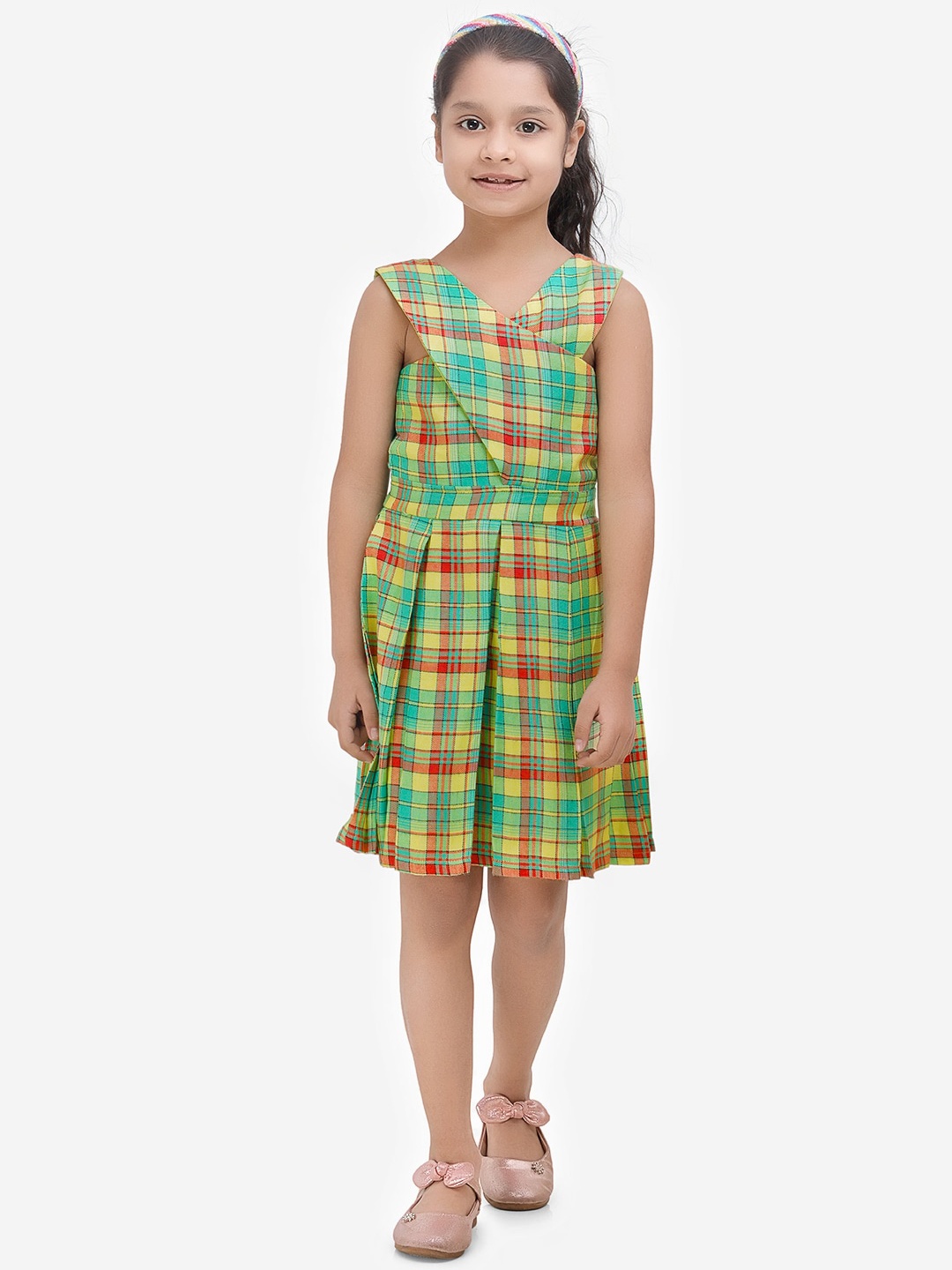 

Fairies Forever Girls Green Checked Fit and Flare Dress