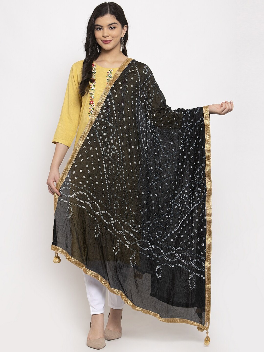 

Clora Creation Black & Off-White Bandhani Gotta Patti Silk Dupatta