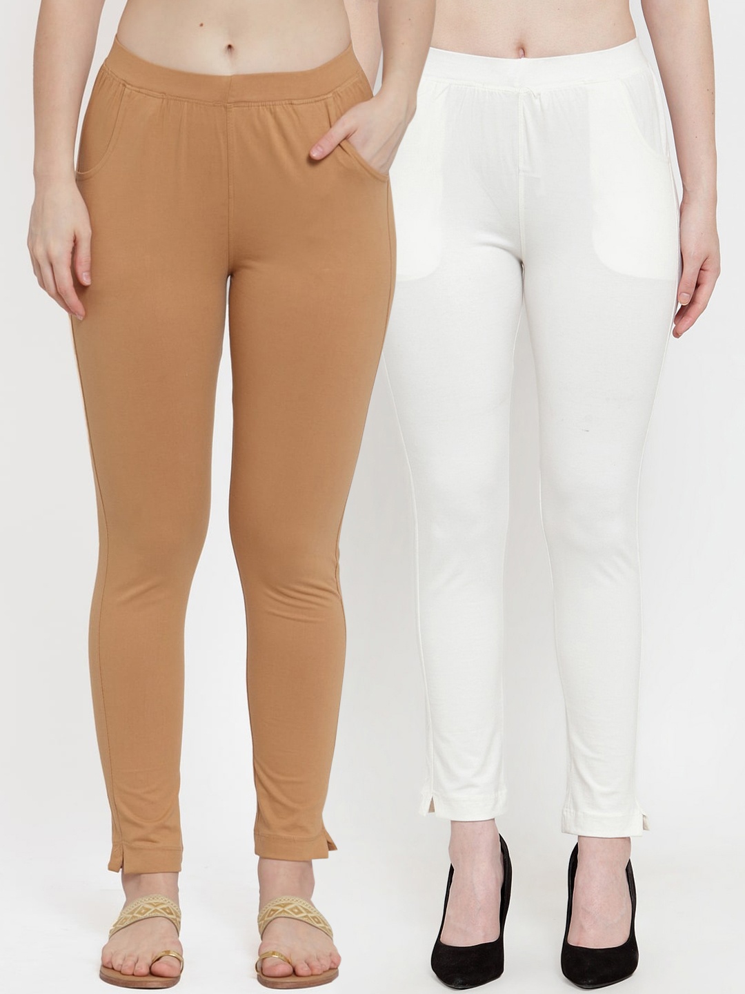 

TAG 7 Women Pack Of 2 Solid Straight-Fit Ankle-Length Leggings, Beige