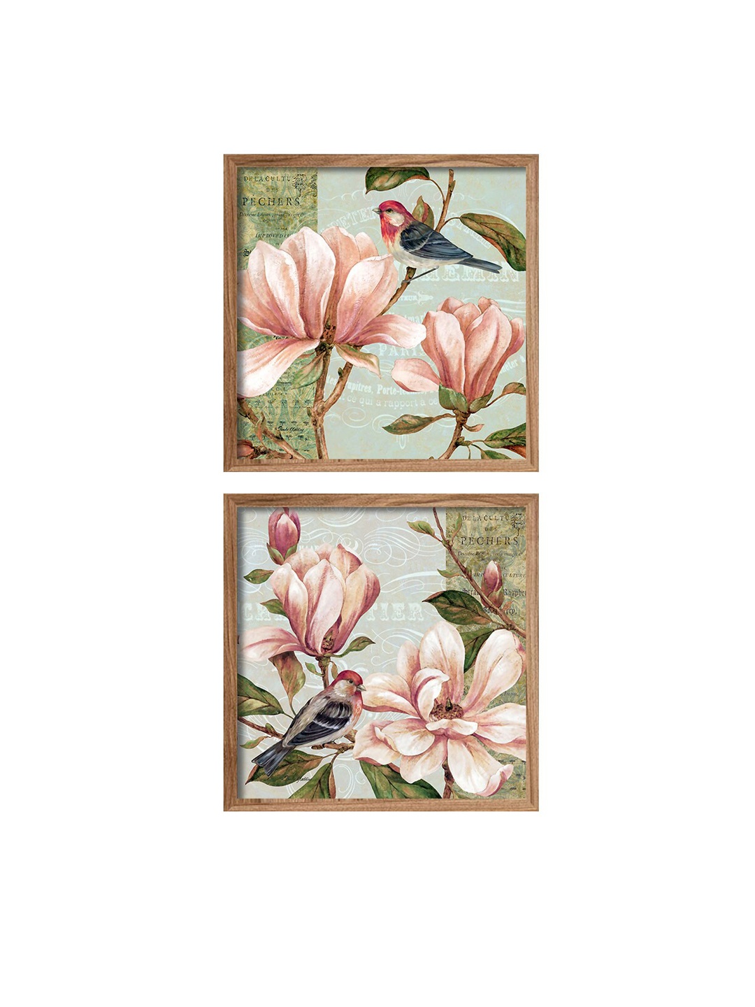 Art Street Set Of 2 Pink & Green Sparrow Floral Framed Canvas Wall Art