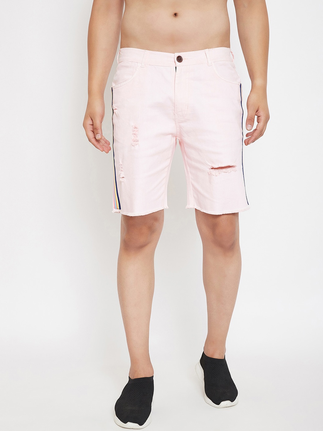 

FUGAZEE Men Pink Solid Distressed Denim Shorts with Side Stripes
