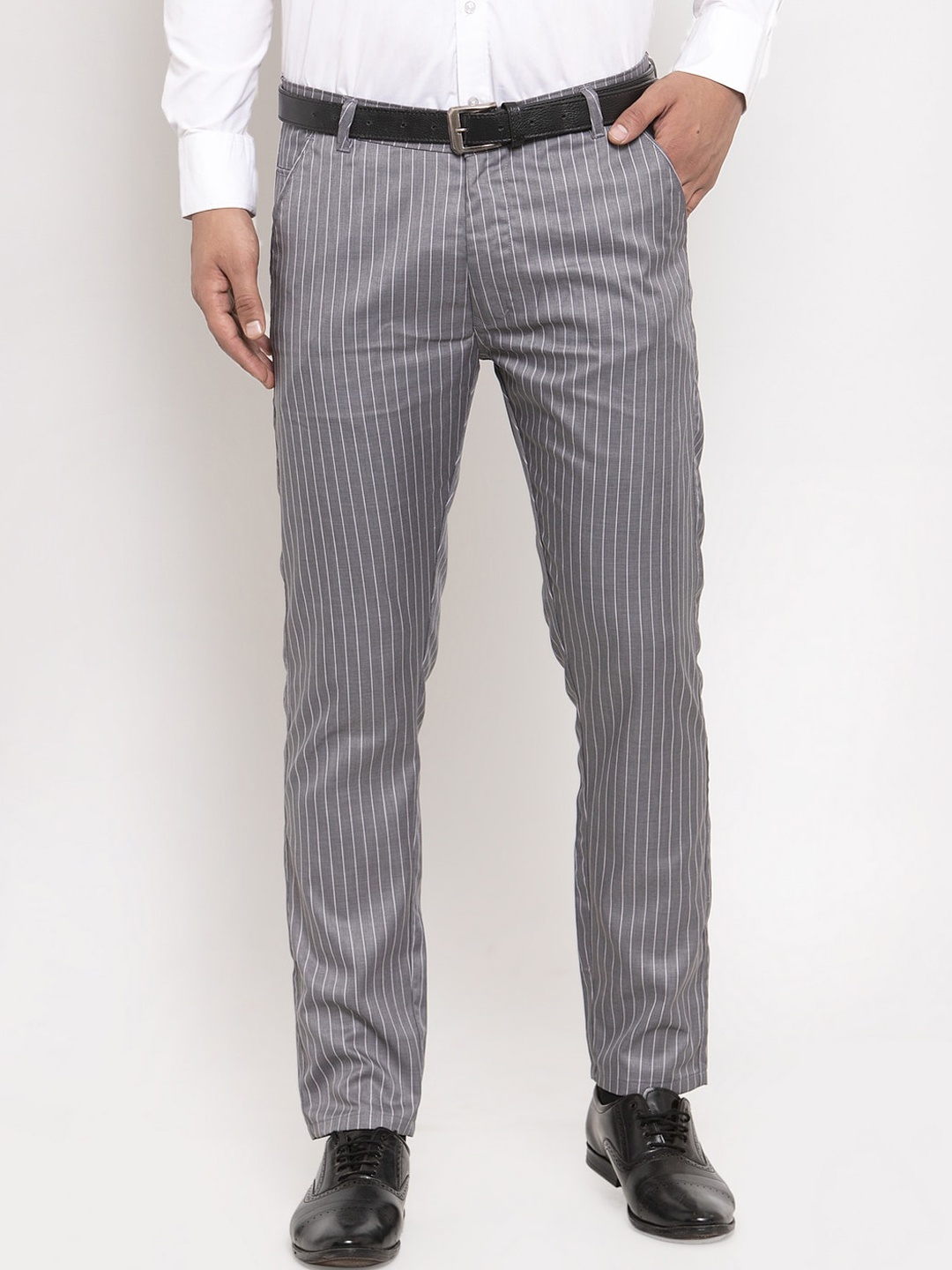 

JAINISH Men Grey & White Classic Slim Fit Striped Formal Trousers