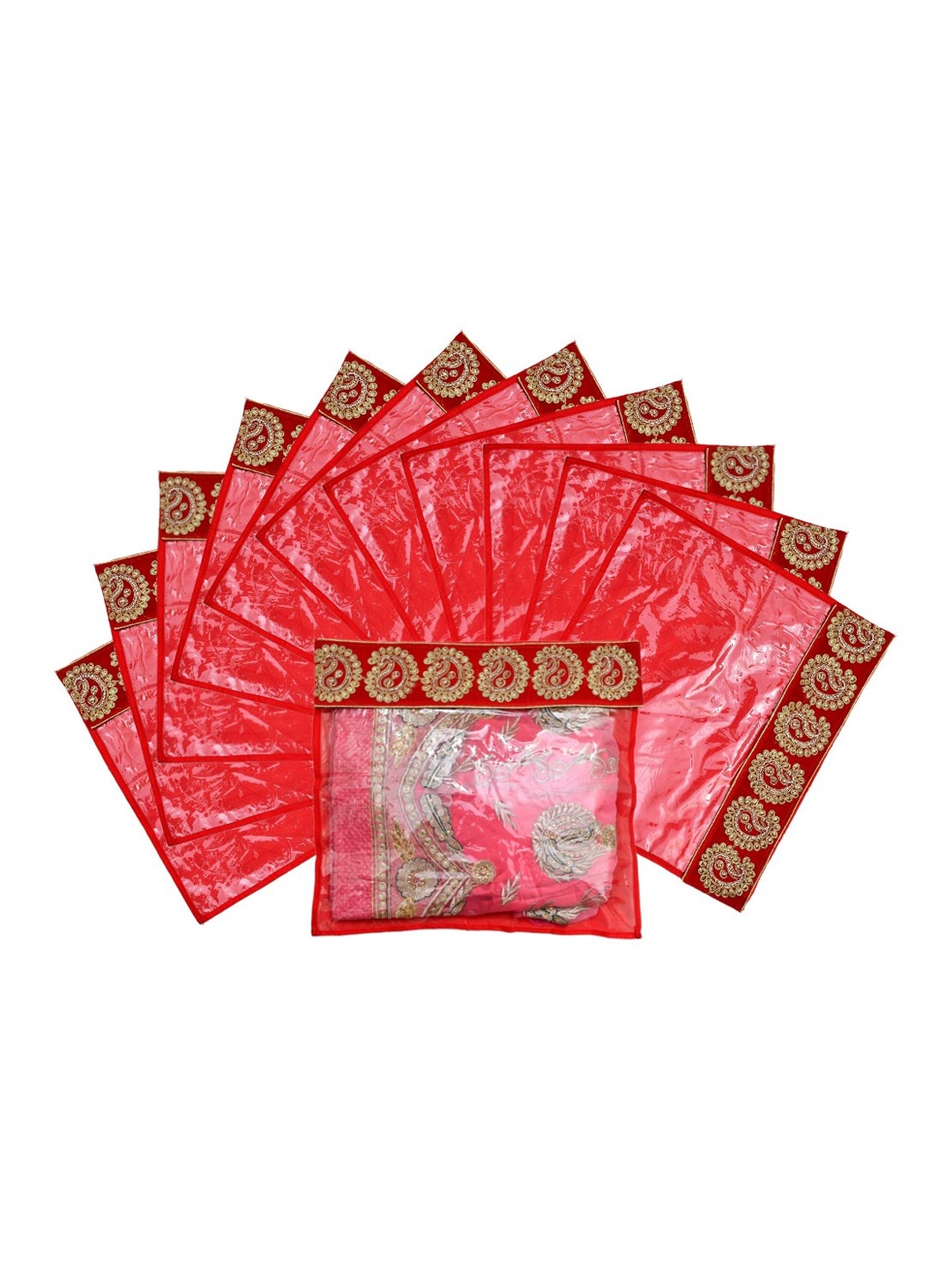 

Kuber Industries Set Of 12 Zari Border Flip Single Packing Saree Cover Organizers, Red