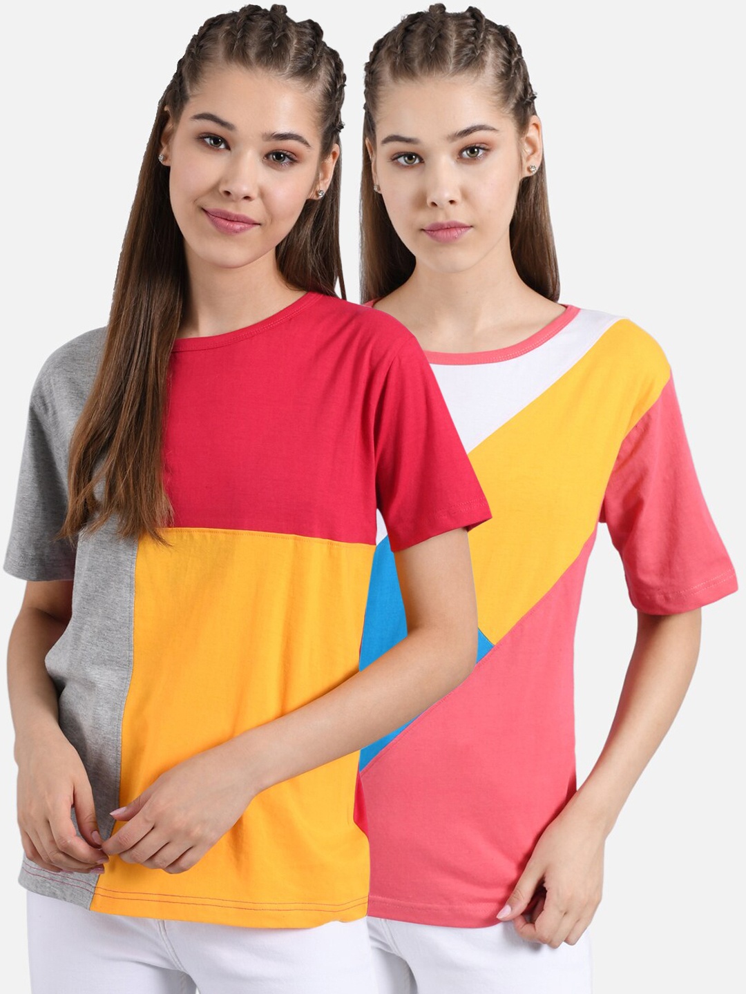 

Kotty Women Pack Of 2 Colourblocked Round Neck T-shirts, Red
