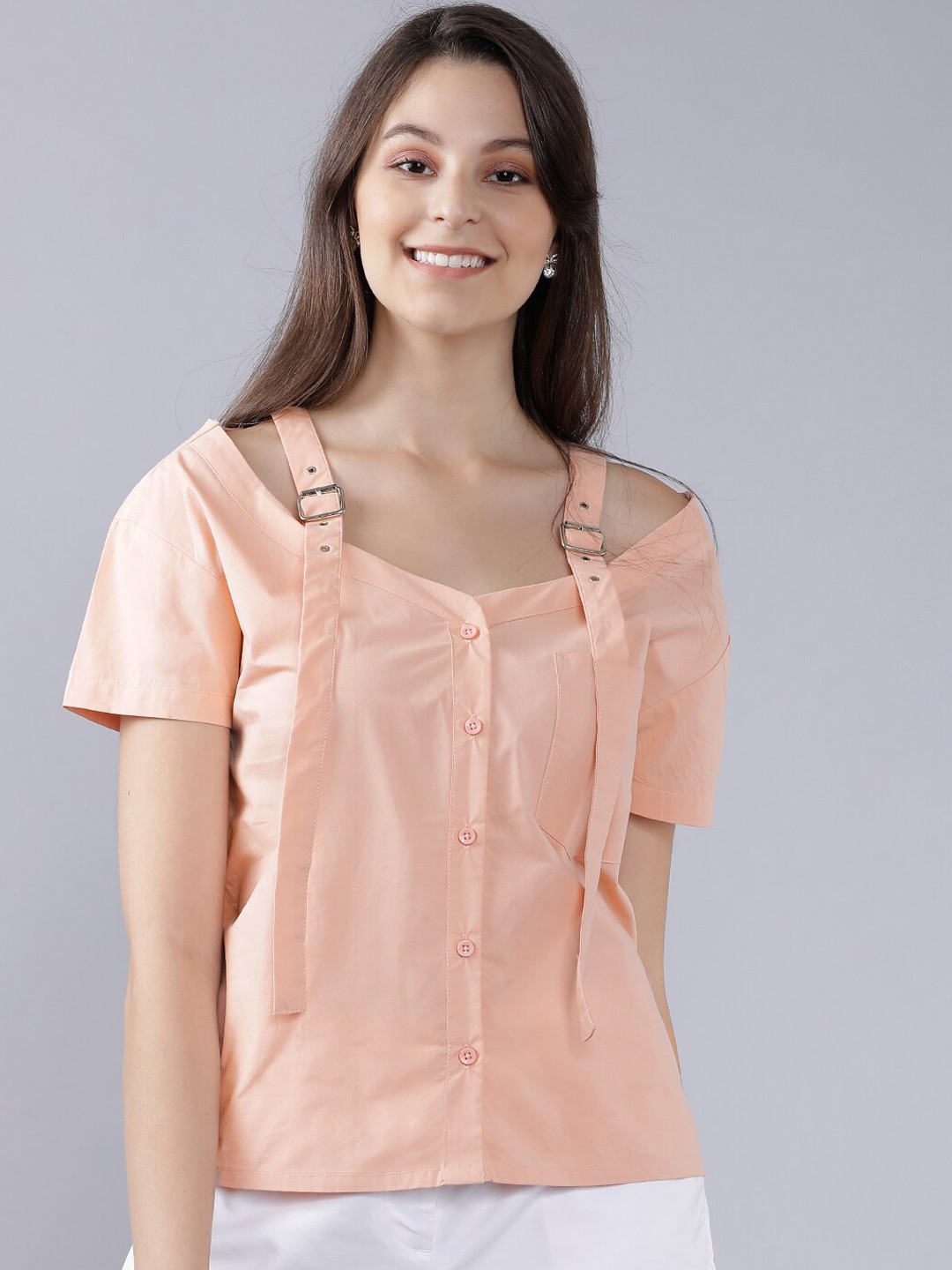 

Tokyo Talkies Women Peach-Coloured Solid Shirt Style Pure Cotton Top