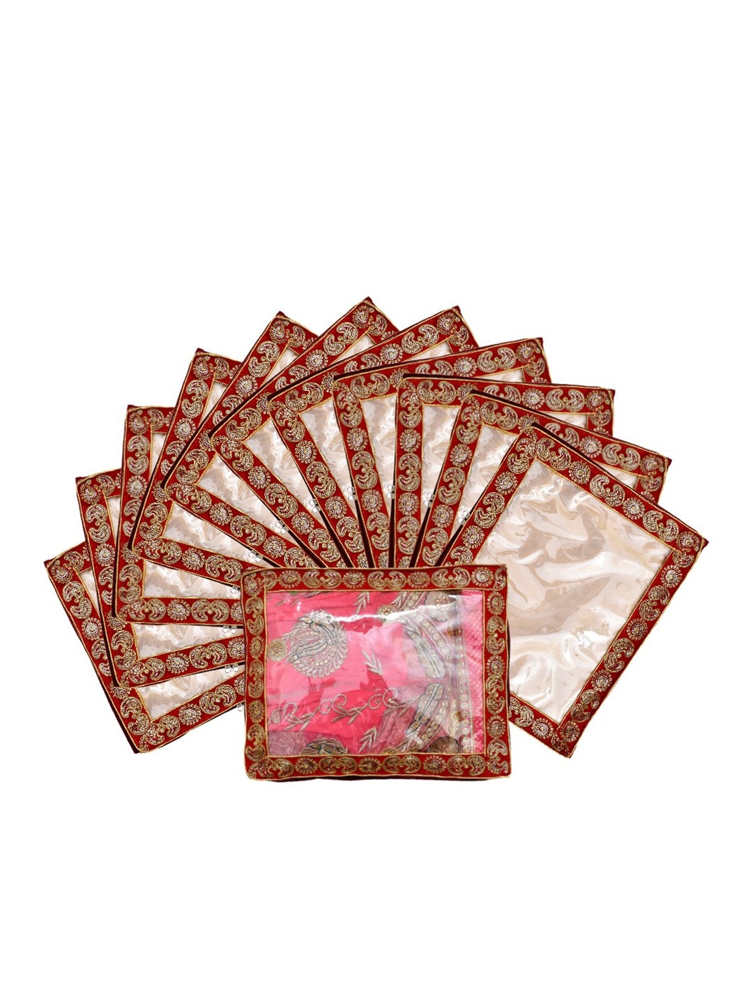 

Kuber Industries Set Of 12 Red & Transparent Embellished Single Packing Saree Cover Organizers