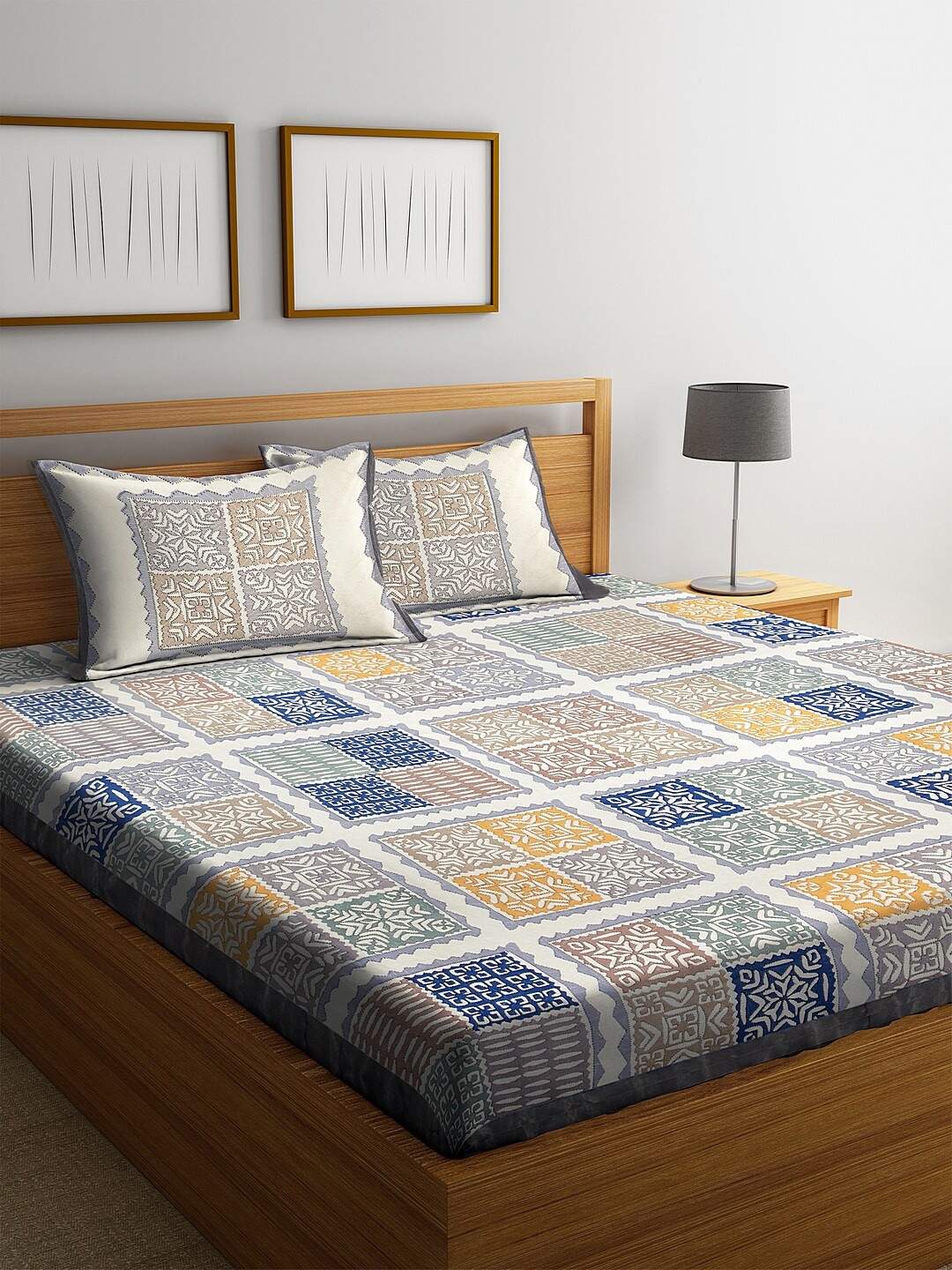 

Rajasthan Decor White & Blue 144 TC Jaipuri Cotton 1 King Bedsheet with 2 Pillow Covers