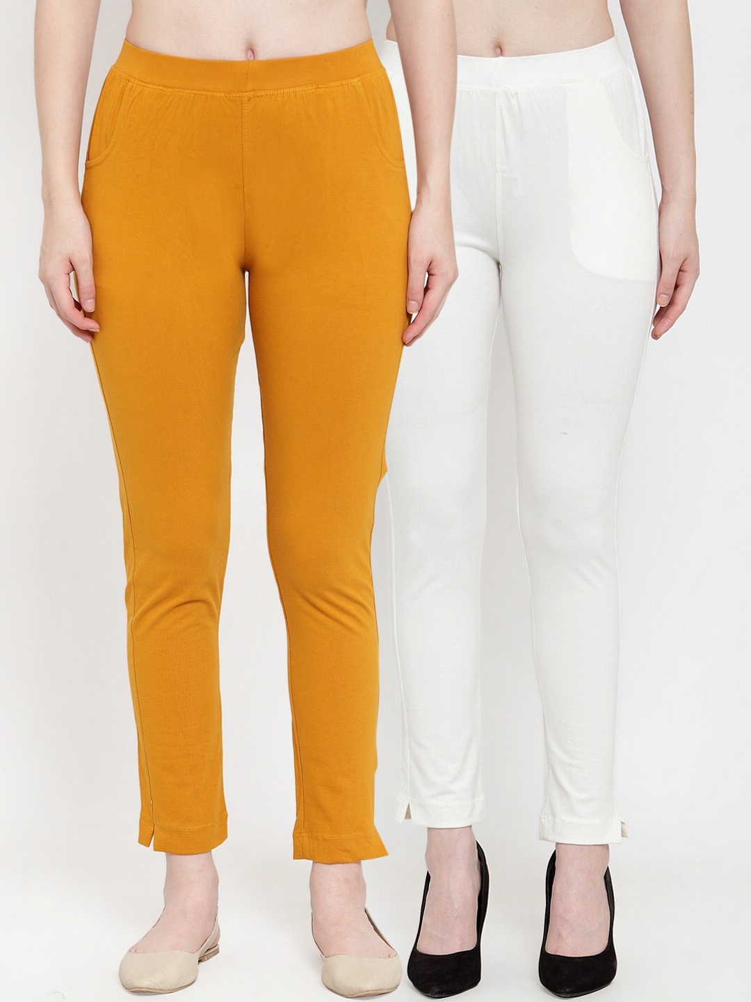 

TAG 7 Women Pack Of 2 Solid Straight-Fit Ankle-Length Leggings, Off white