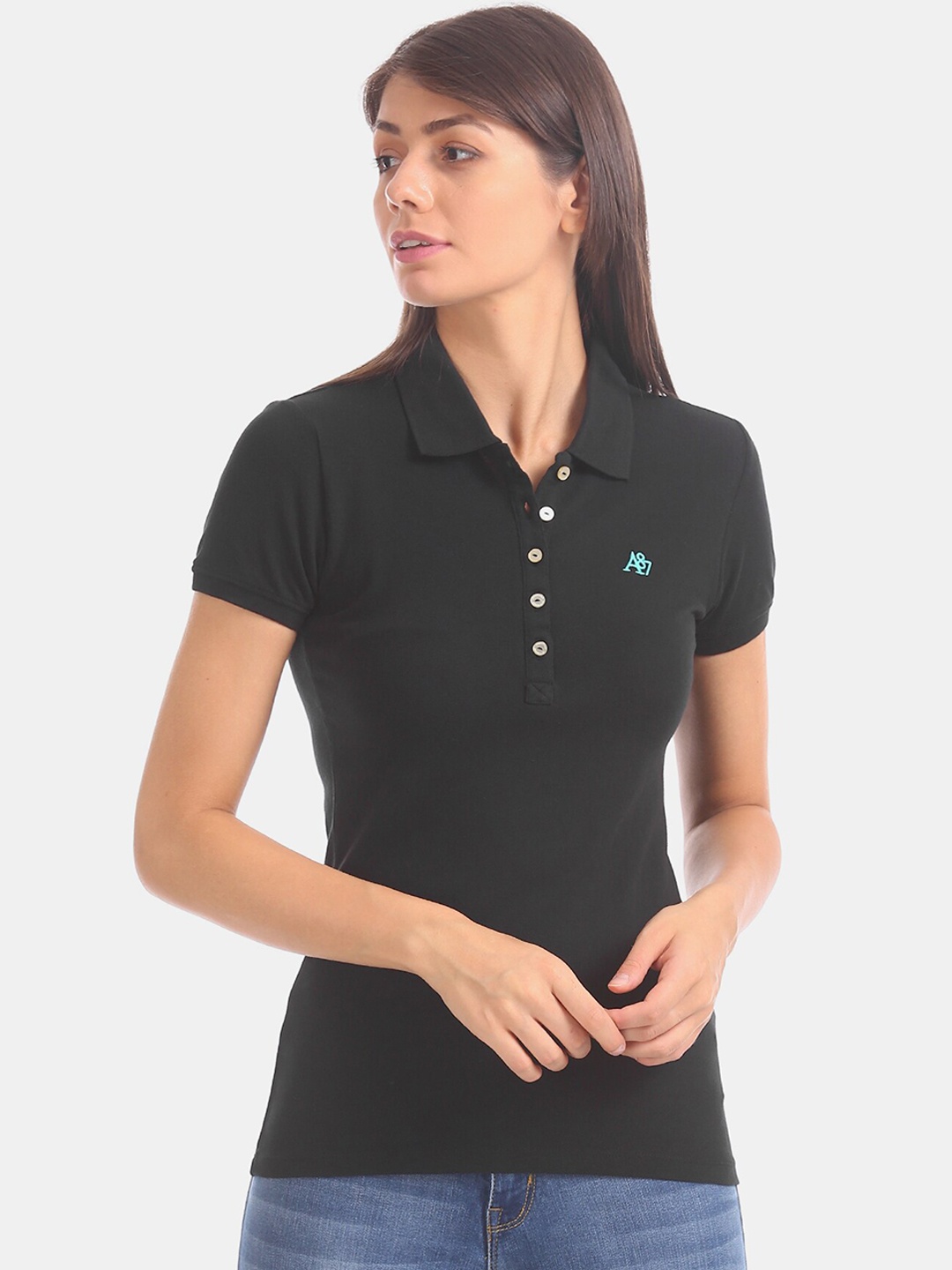 

Aeropostale Women Black Solid Polo Collar T-shirt