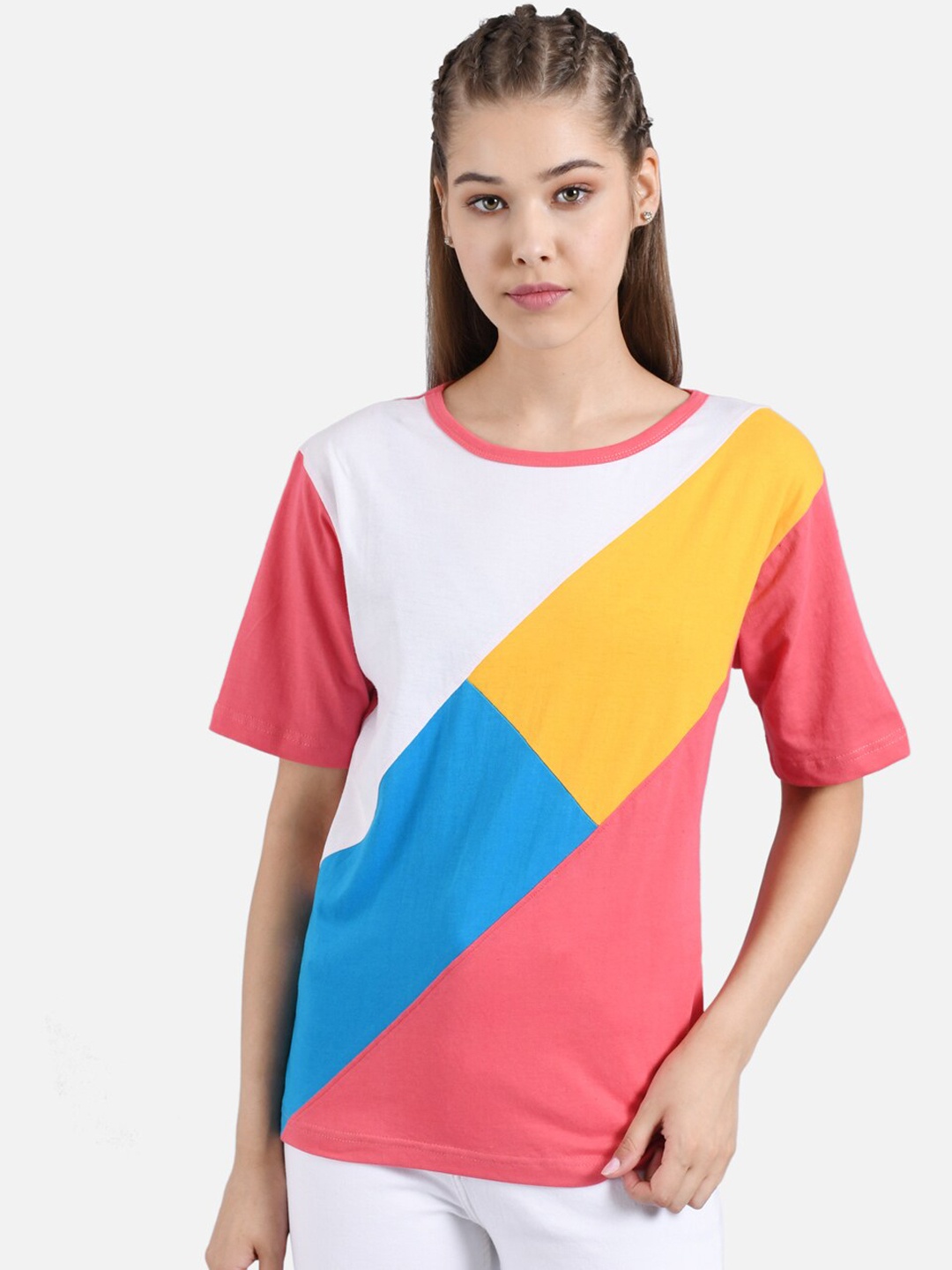 

Kotty Women White & Pink Colourblocked Round Neck T-shirt