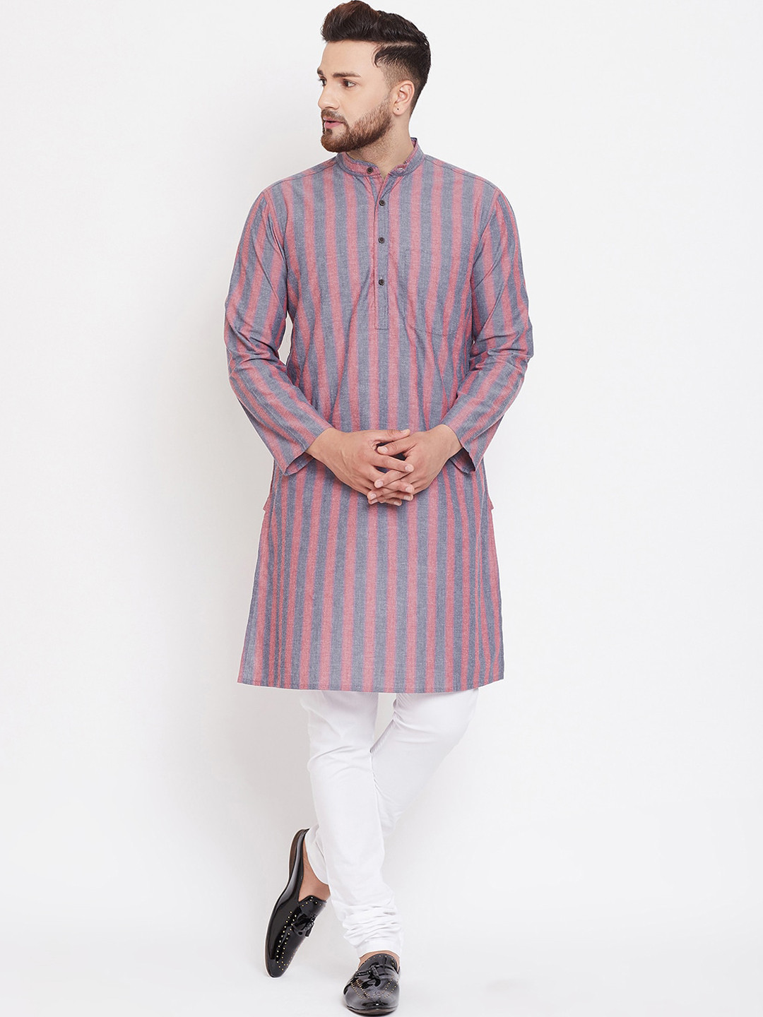 

even Men Grey & Pink Striped Straight Kurta