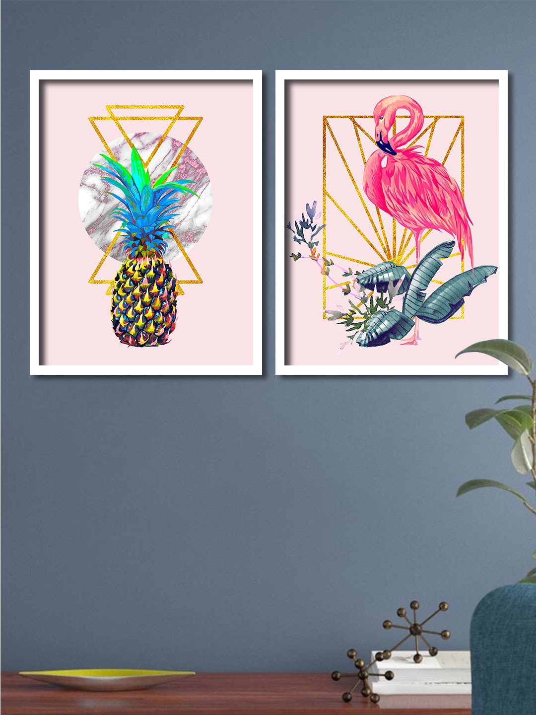 Art Street Set Of 2 Pink & Blue Flamingo Tropical Pineapple Framed Canvas Wall Art