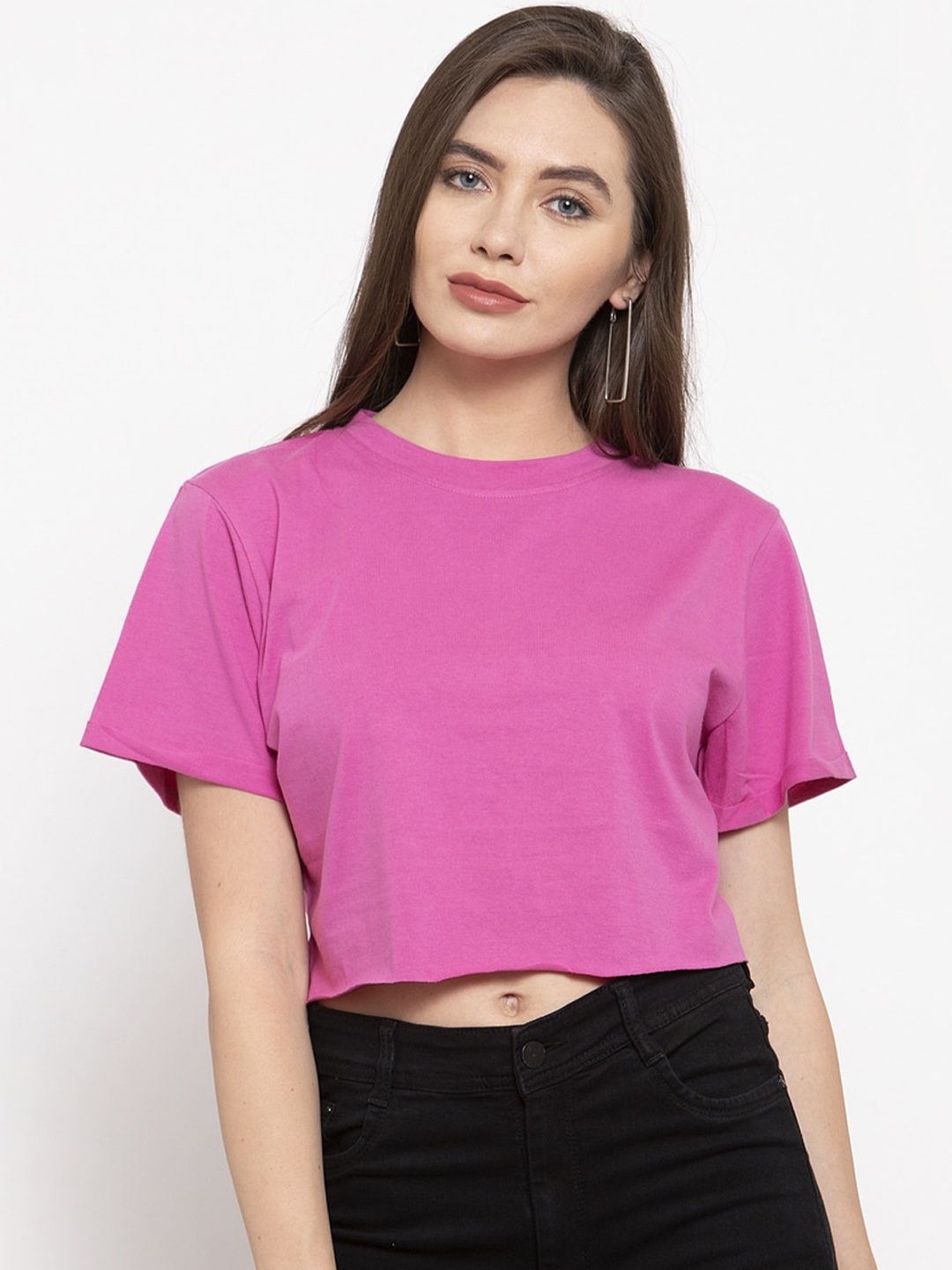 

DOOR74 Women Fuchsia Solid Round Neck T-shirt