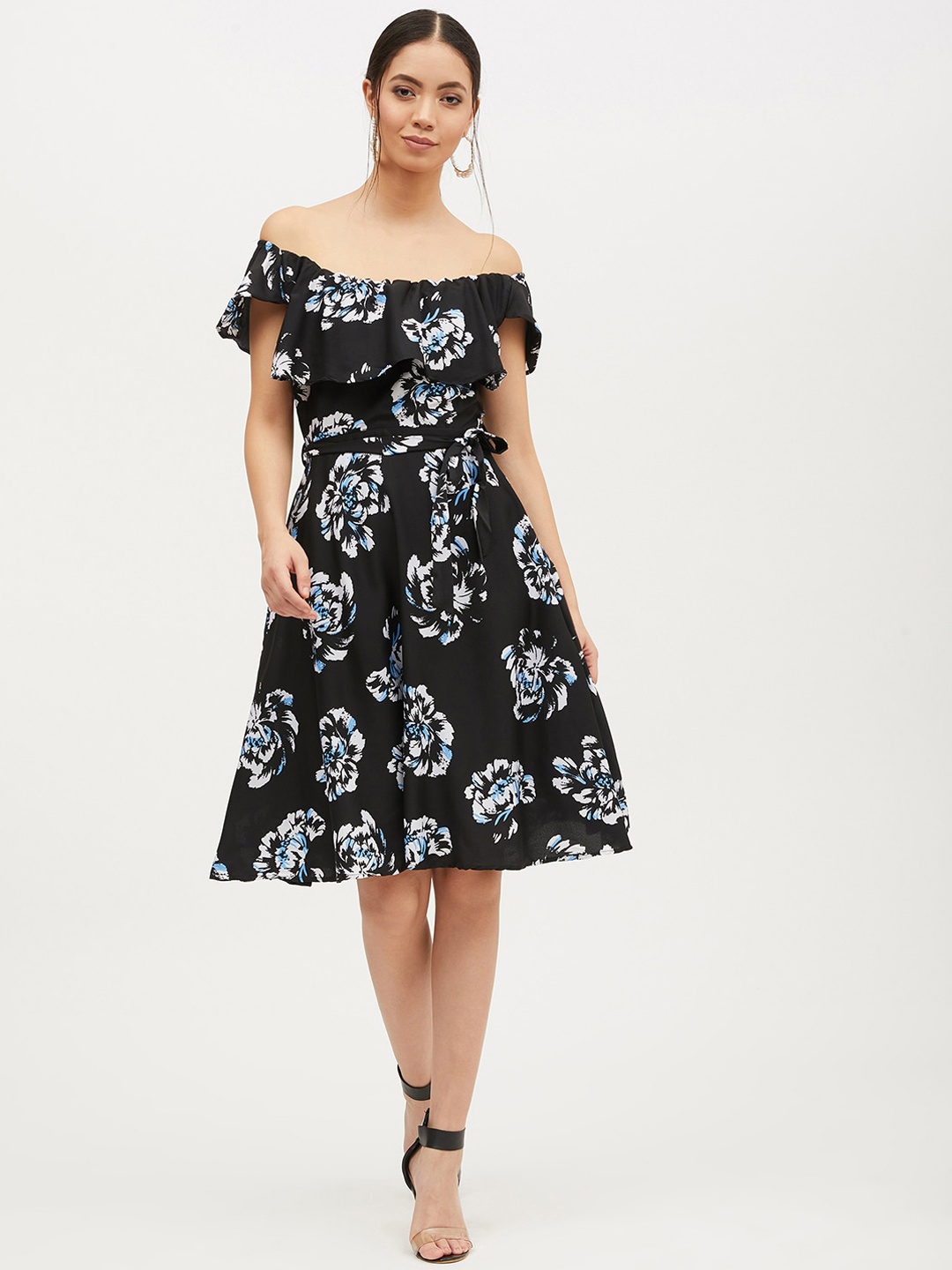 

Harpa Women Black Floral Printed Fit and Flare Dress