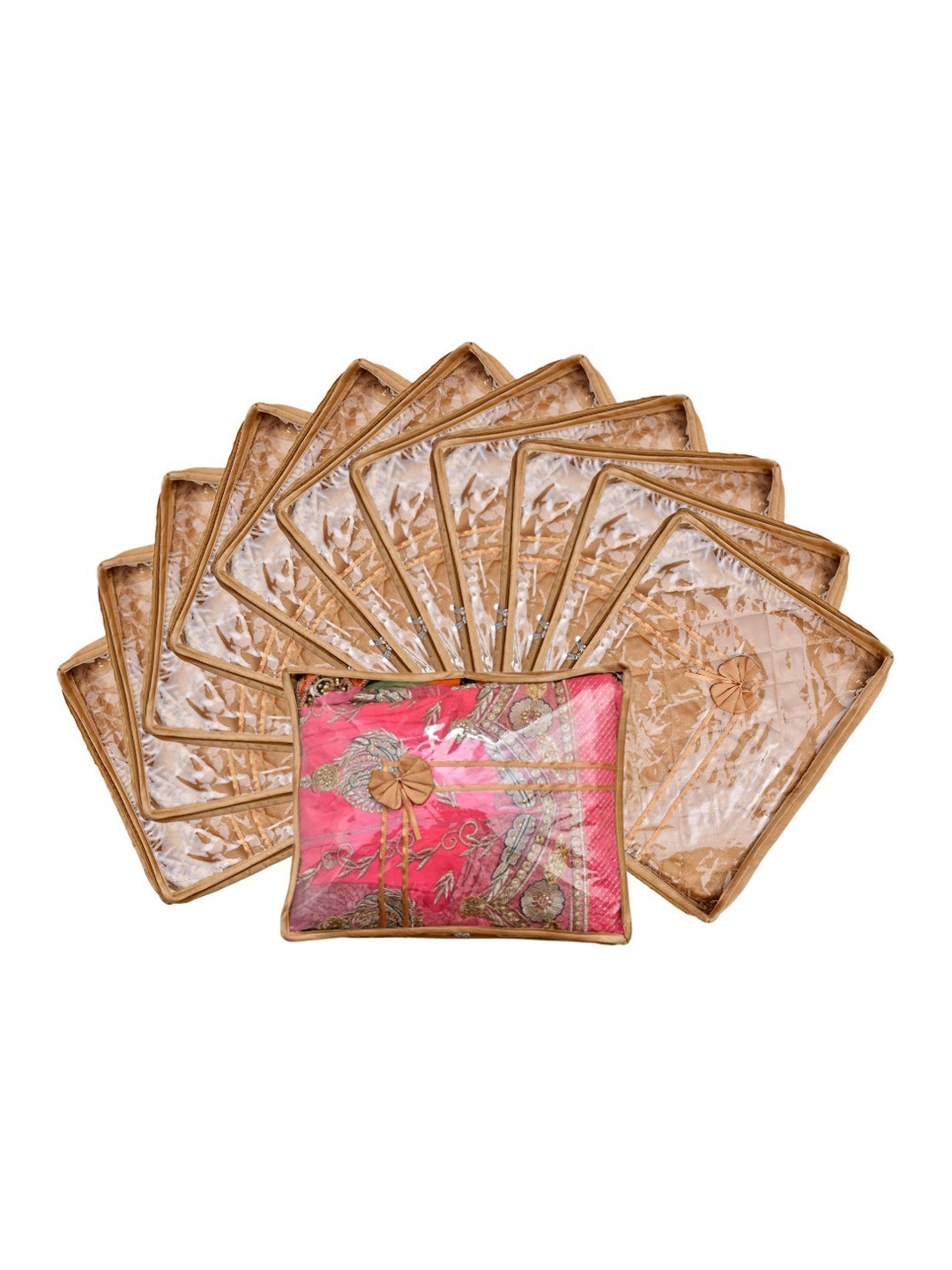 

Kuber Industries Set Of 12 Gold-Coloured & Transparent Solid Satin Single Packing Saree Cover Organizers