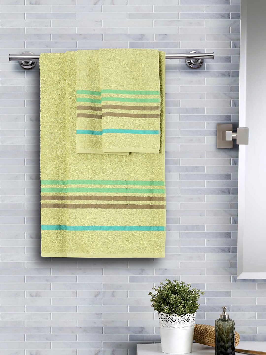 

MASPAR Unisex Set Of 4 Green & Brown Striped Supersoft 450 GSM Towels