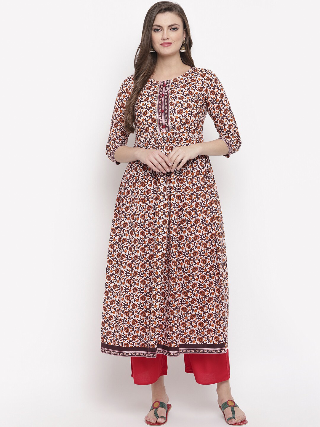 

Vbuyz Women Brown & Red Kalamkari Printed Kurta with Palazzos
