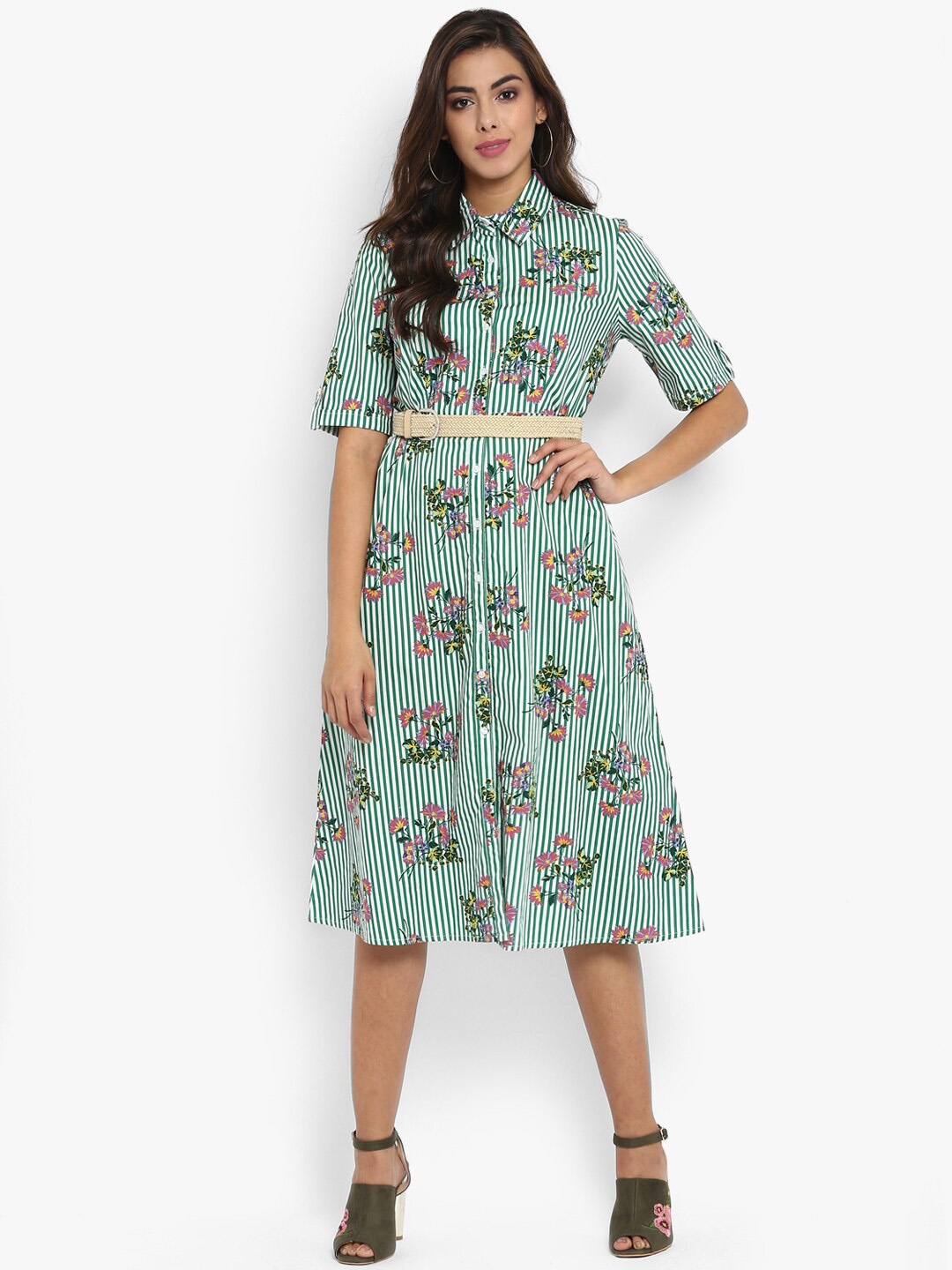 

Aditi Wasan White & Green Floral Shirt Midi Dress