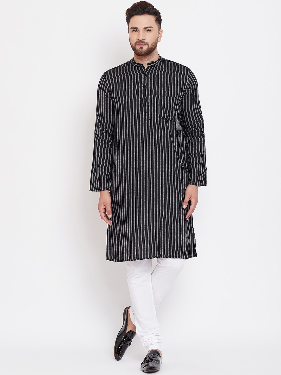 

even Men Black Striped Straight Kurta
