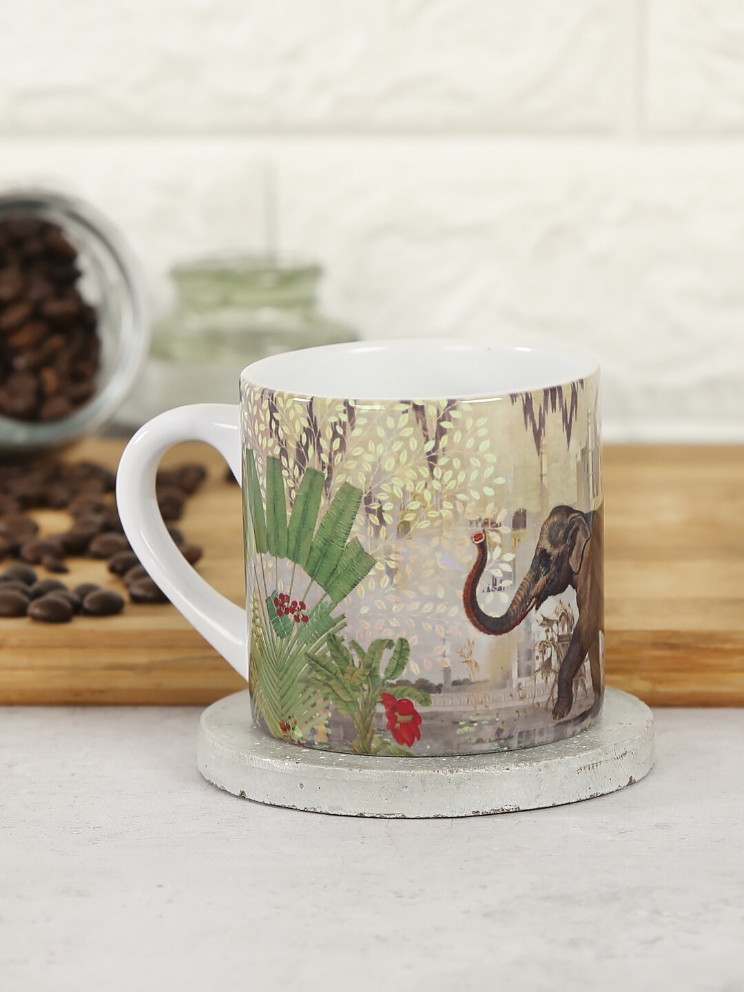 

India Circus by Krsnaa Elephants of Mathura Espresso Mug, Beige