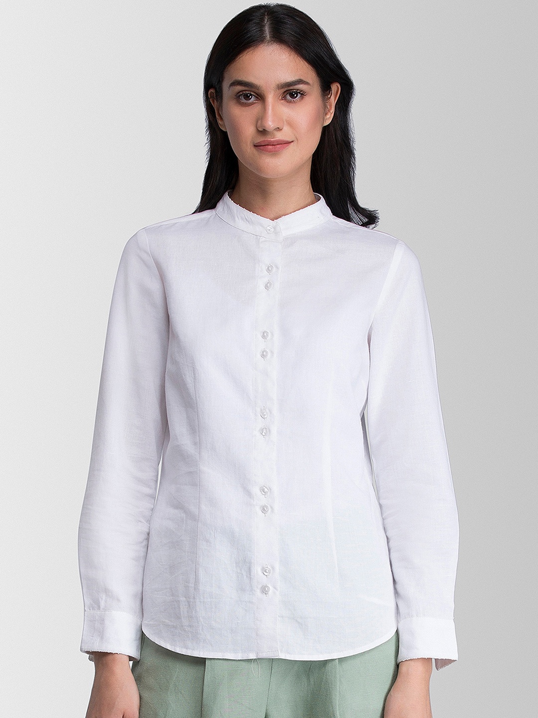 

FableStreet Women White Slim Fit Solid Casual Linen Shirt