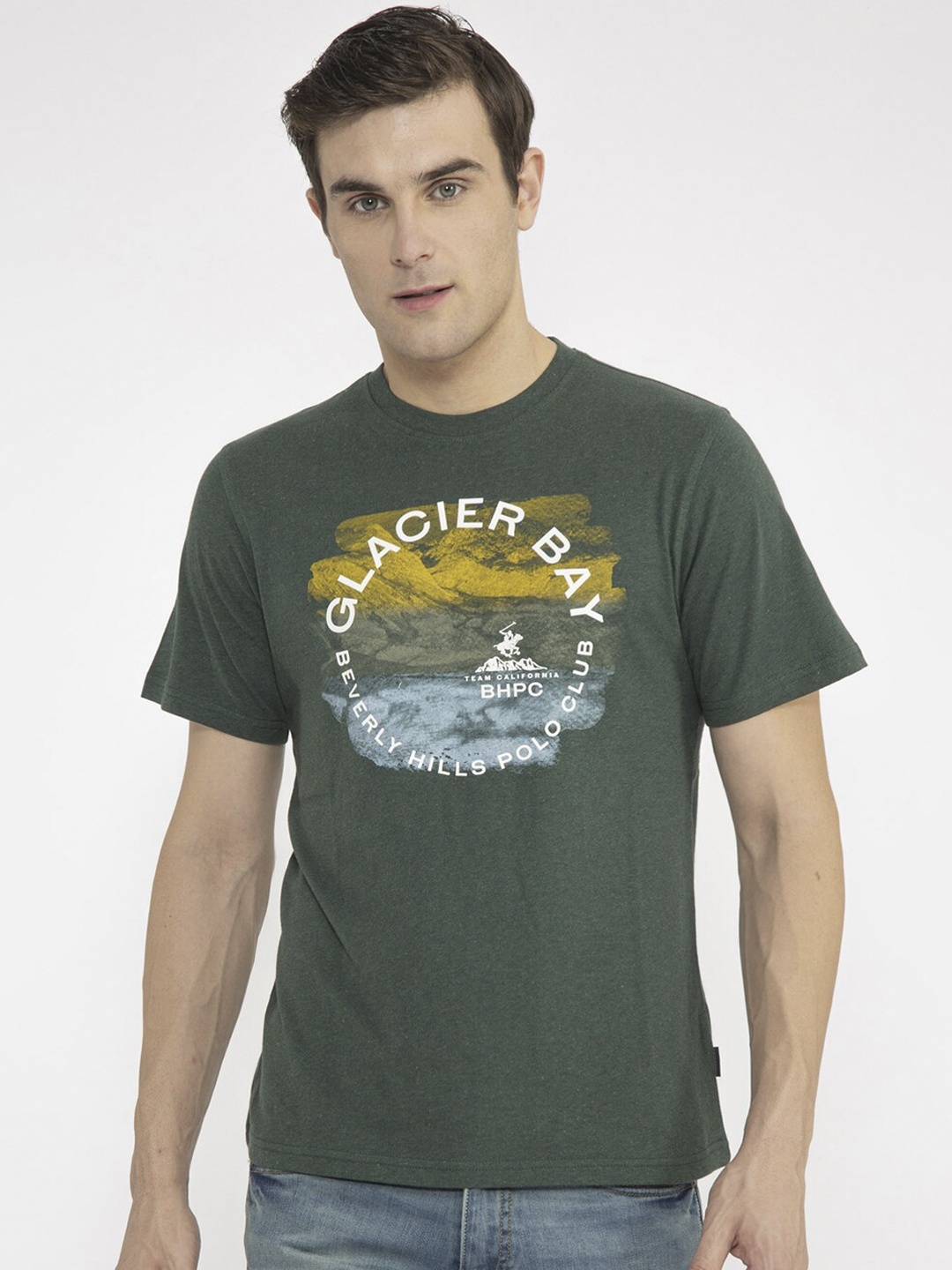 Beverly Hills Polo Club Men Olive Green Printed Round Neck T-shirt