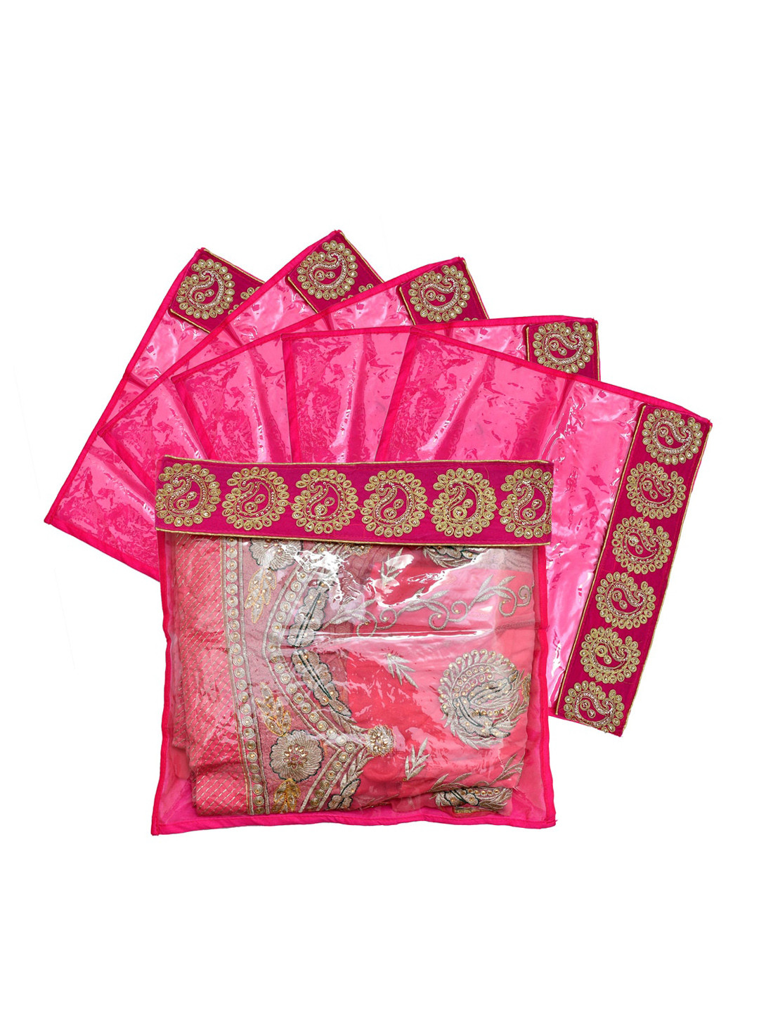

Kuber Industries Set Of 6 Pink & Transparent Embellished Zari Border Flip Single Packing Saree Cover Organizers