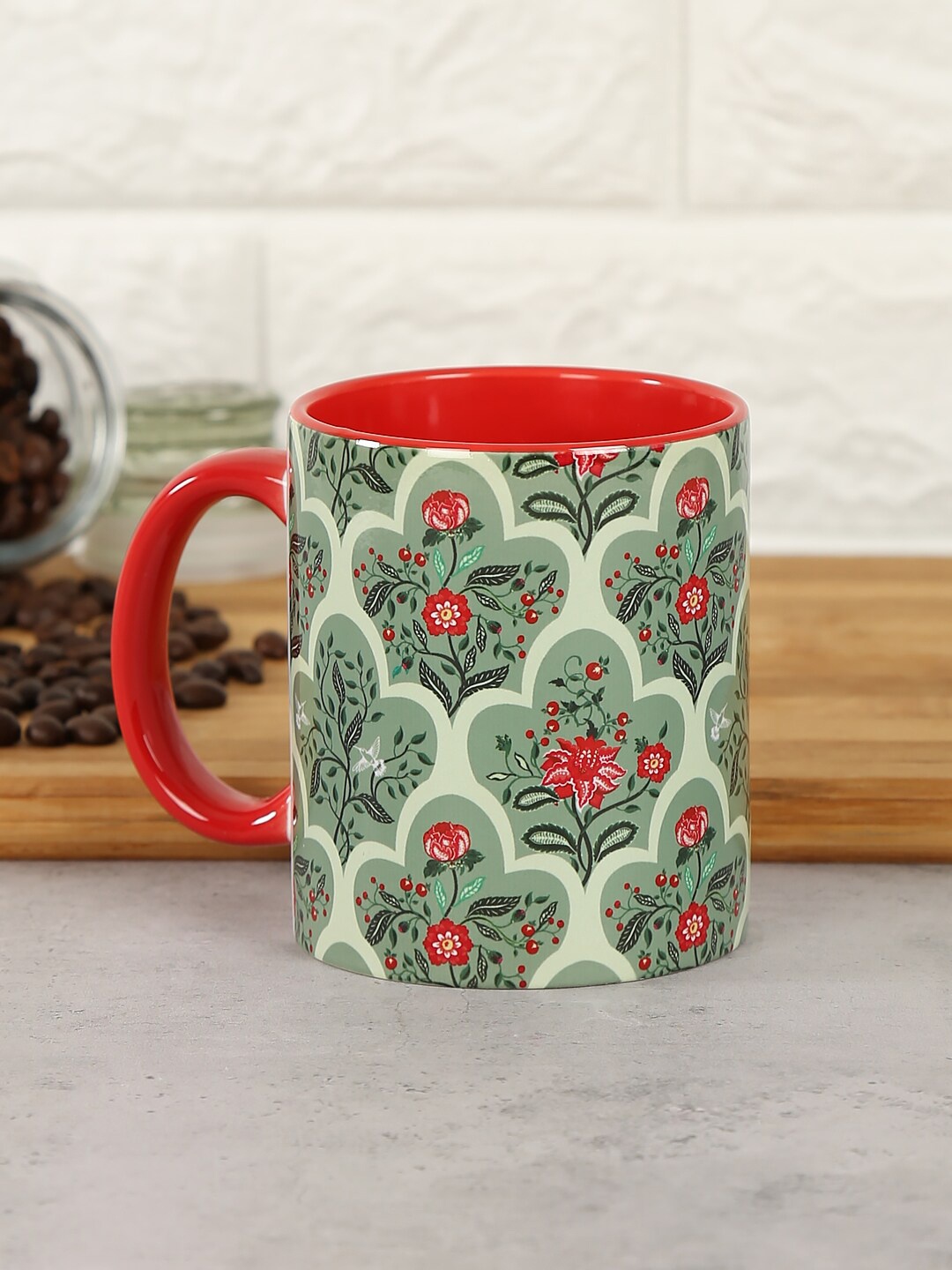 

India Circus by Krsnaa Mehta Green & Red Floral Printed Mug