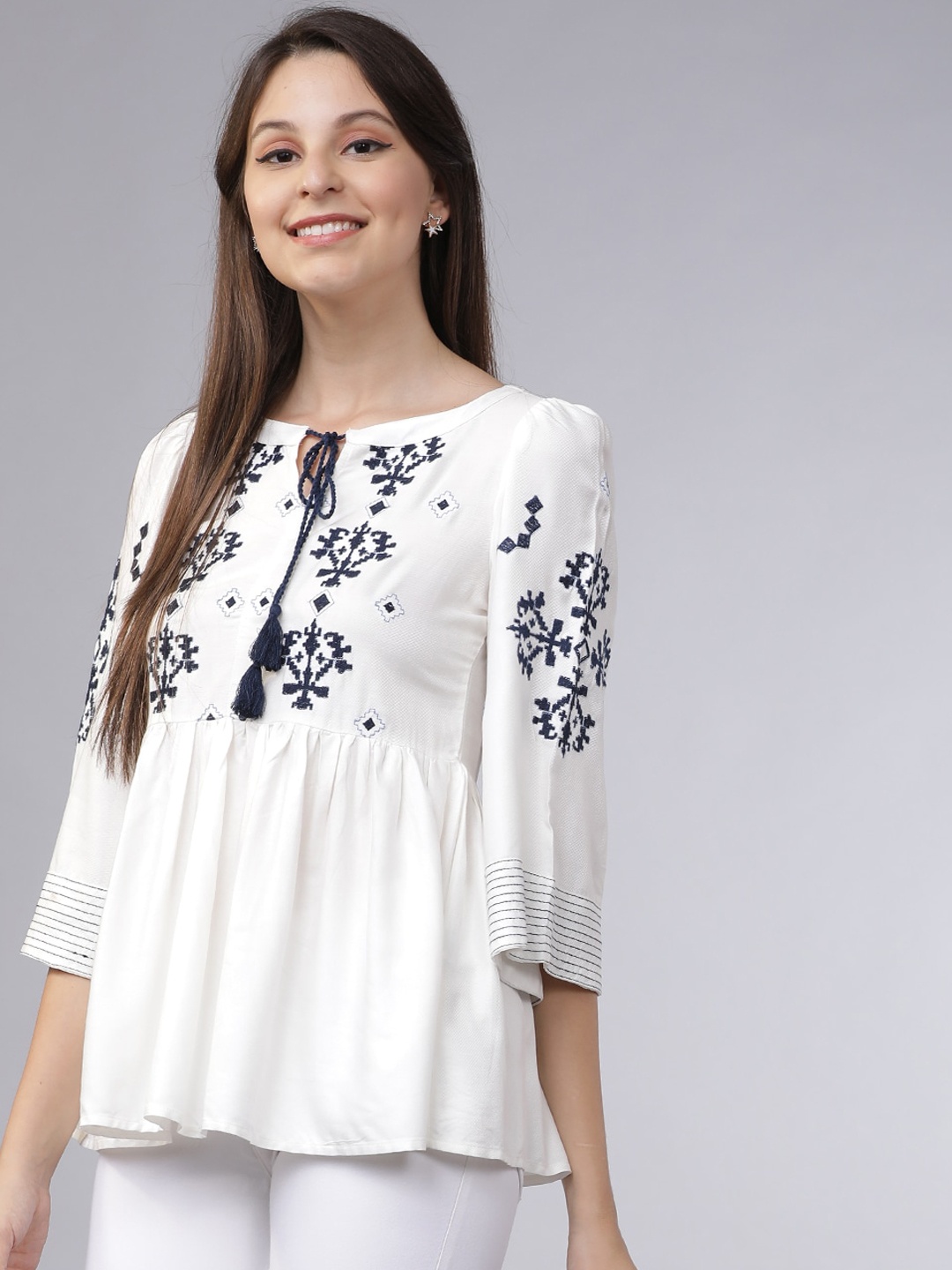 

Tokyo Talkies Women Off-White Embroidered A-Line Top