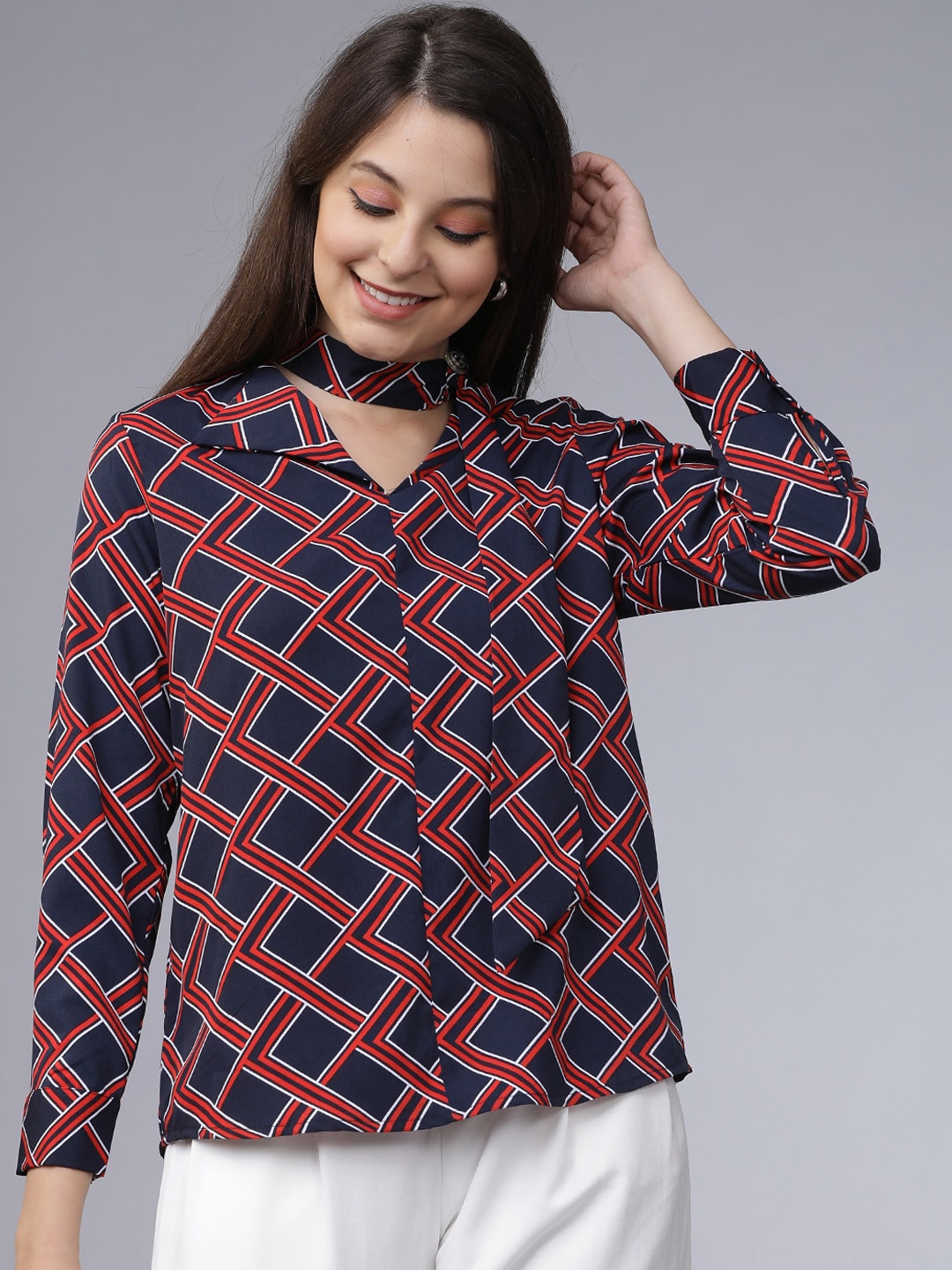 

Tokyo Talkies Women Navy Blue & Red Printed Choker Neck Top