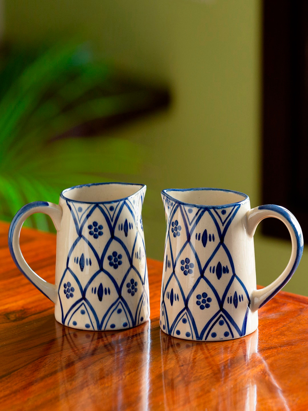 ExclusiveLane Set of 2 Moroccan Floral Hand-Painted Ceramic Milk & Water Jugs - 700ml Each, White