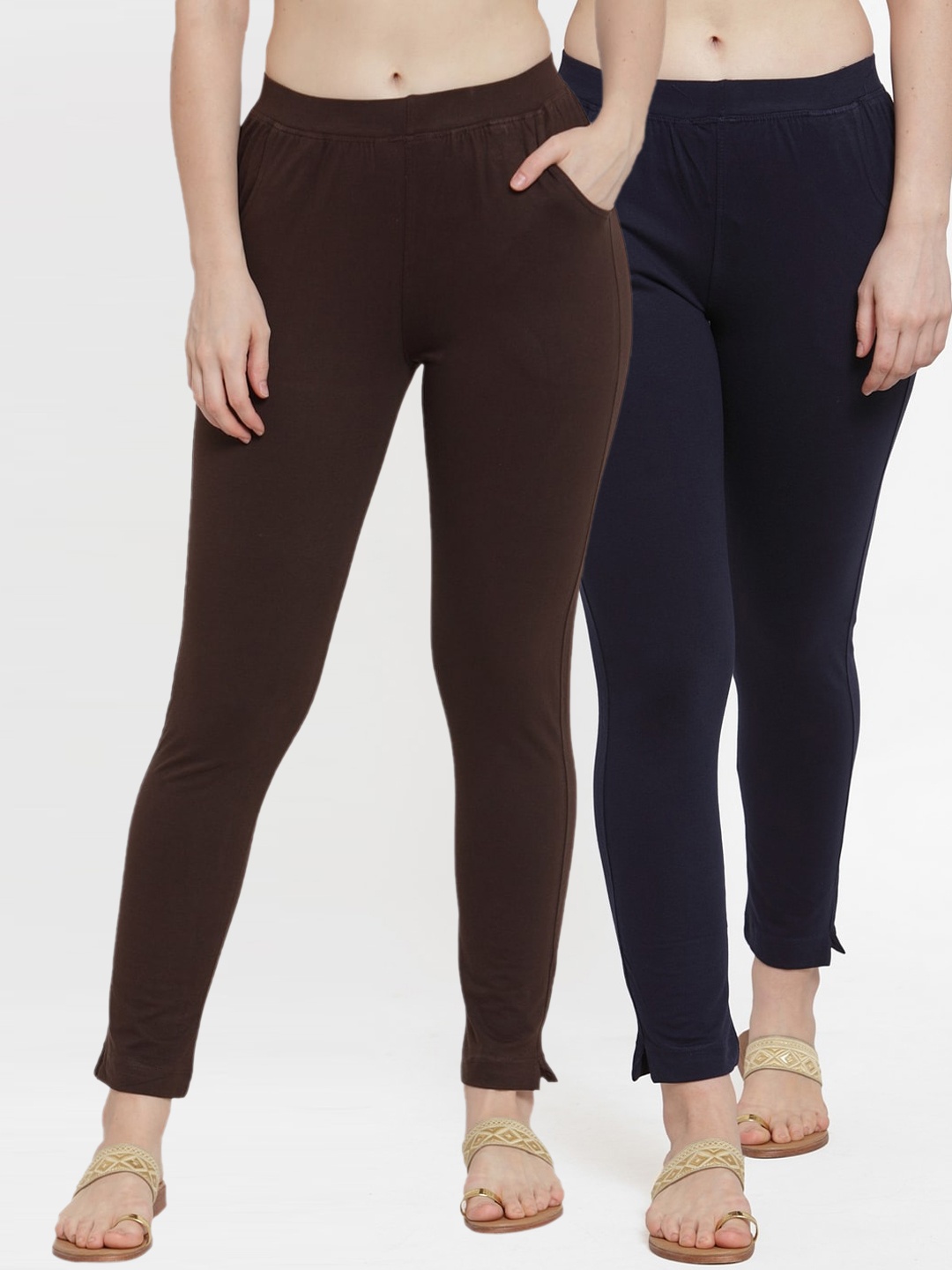 

TAG 7 Women Pack Of 2 Navy Blue & Brown Solid Ankle-Length Leggings