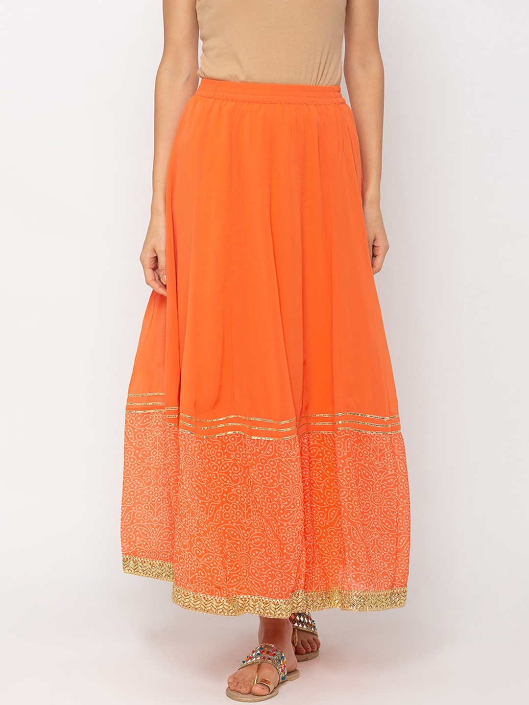 

Globus Women Orange & Gold Floral Print Flared Maxi Skirt