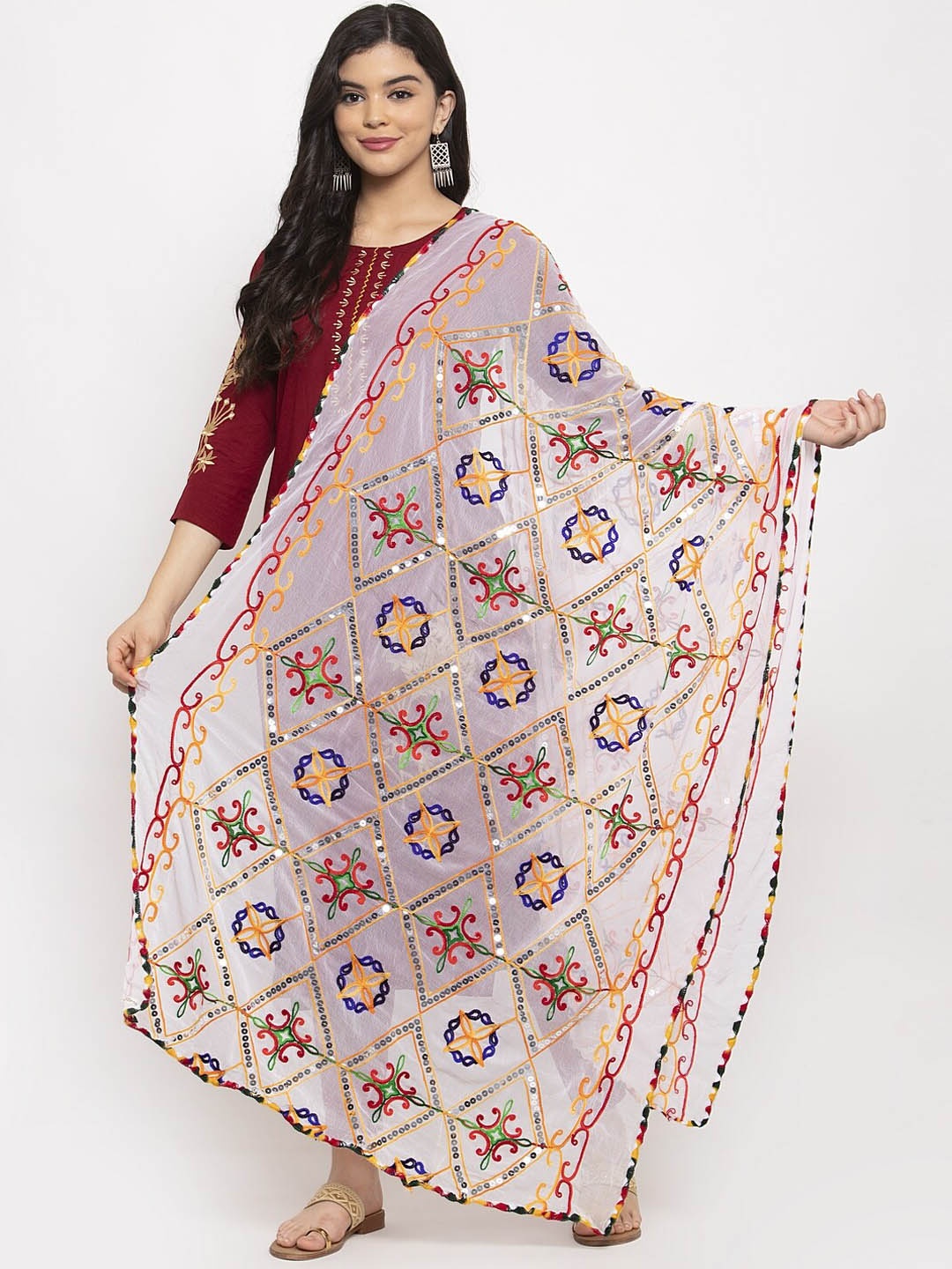 

Clora Creation White Embroidered Dupatta