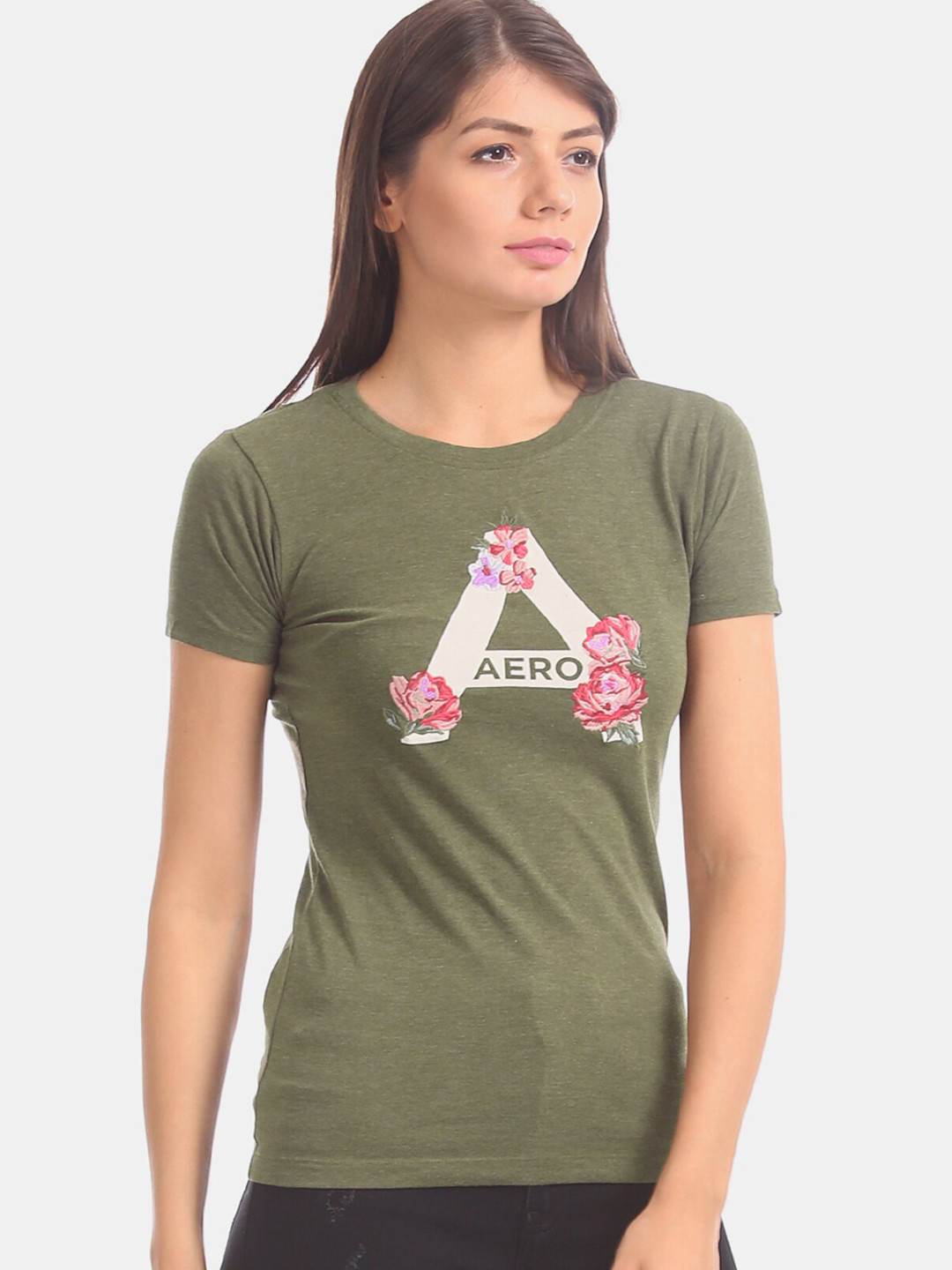 

Aeropostale Women Green Printed Round Neck T-shirt