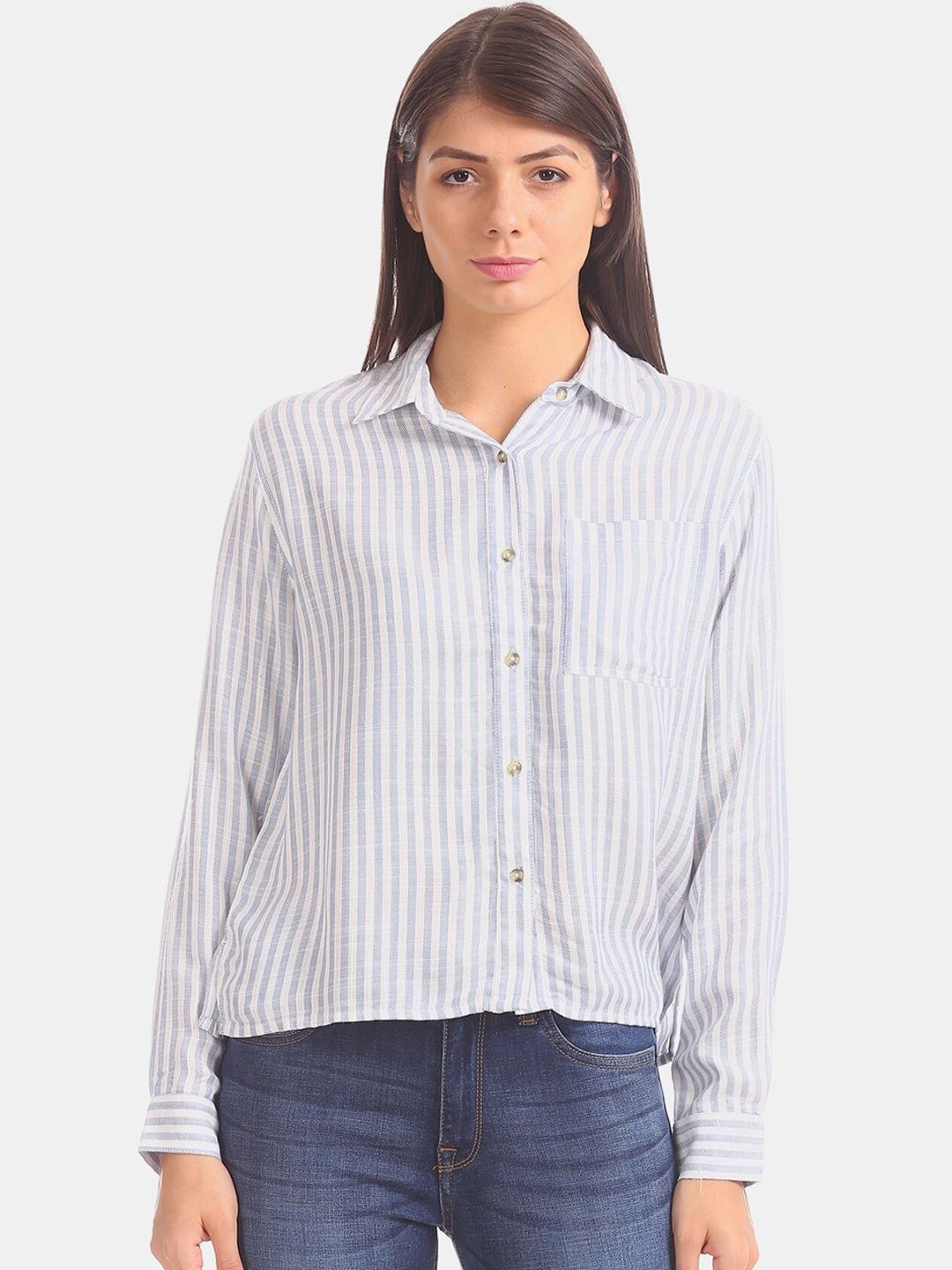 

Aeropostale Women Blue & White Regular Fit Striped Casual Shirt