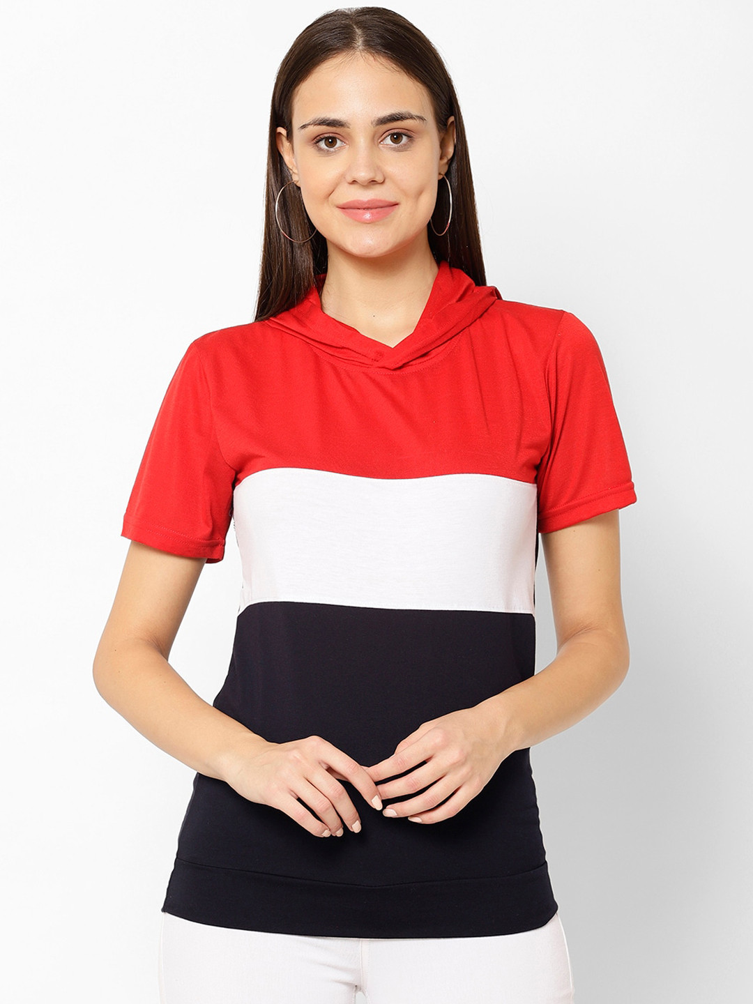 

VIMAL JONNEY Women Red Colourblocked Hood T-shirt