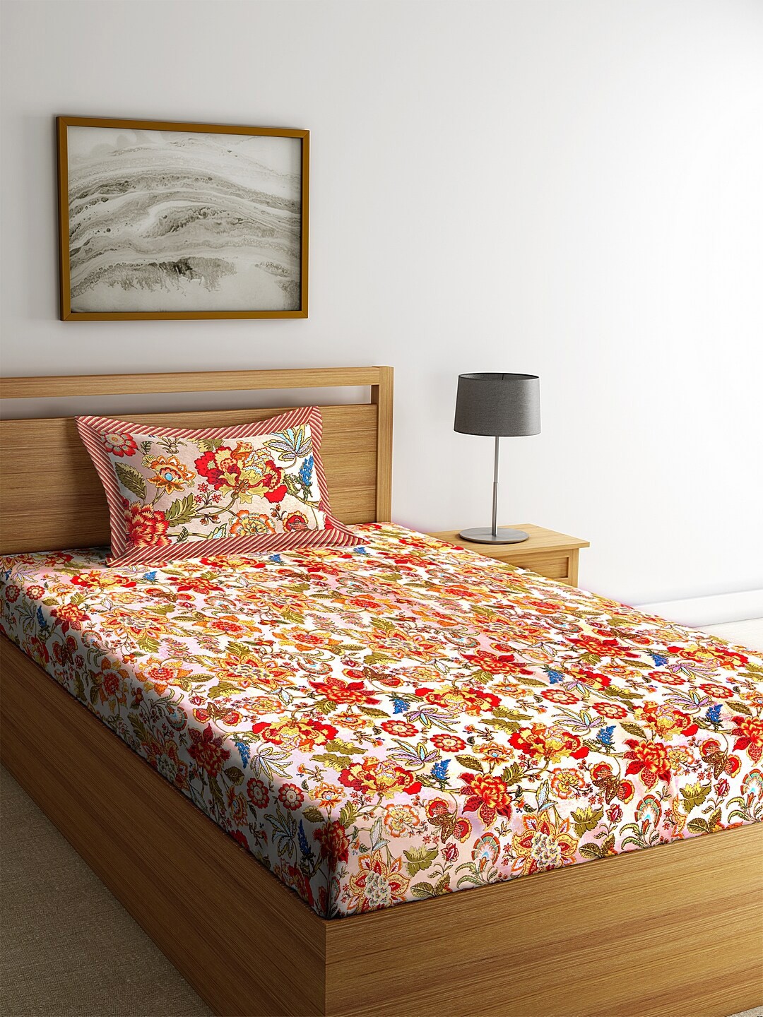 

Rajasthan Decor Orange & Pink Floral 144 TC Cotton 1 Single Bedsheet with 1 Pillow Covers