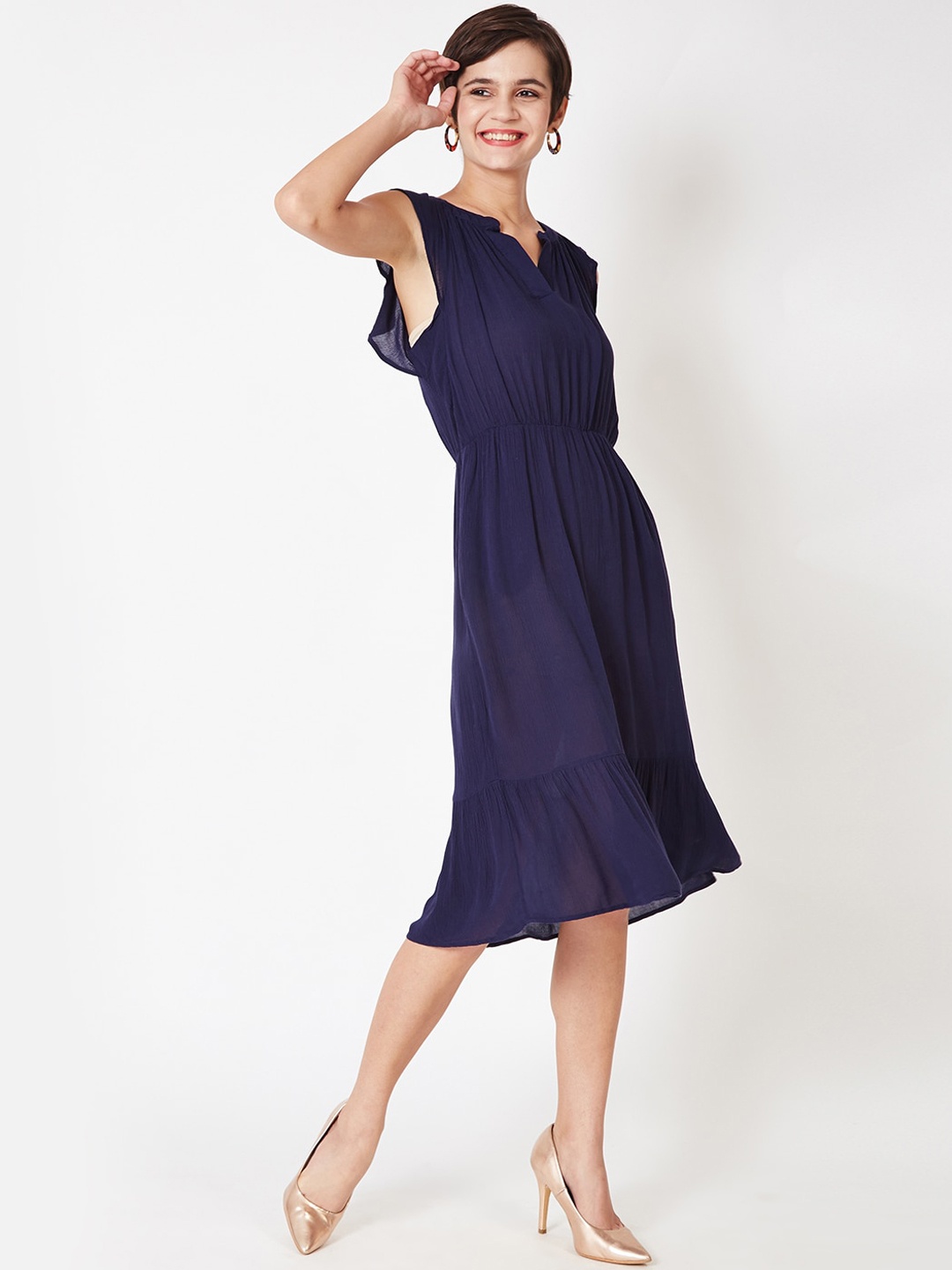 Oxolloxo Women Navy Blue Solid A-Line Dress