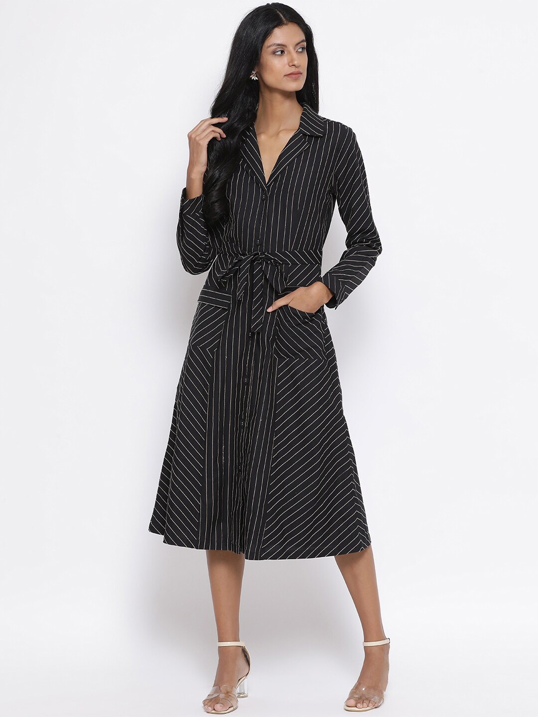 ROOTED Women Black & Grey Striped Shirt Dress